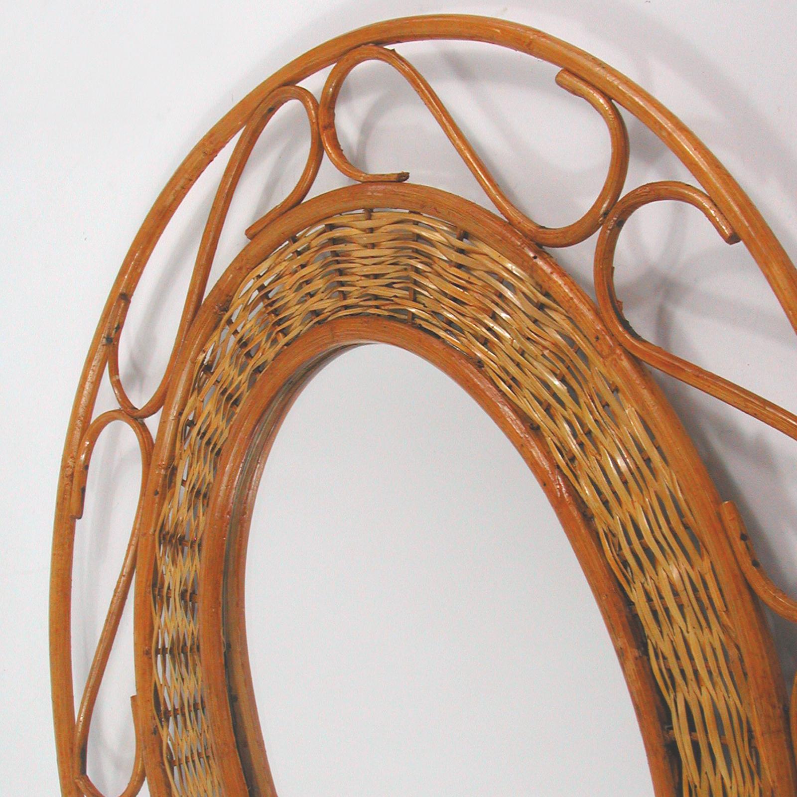 Midcentury Jean Royère Style French Riviera Rattan and Wicker Mirror, 1950s For Sale 2