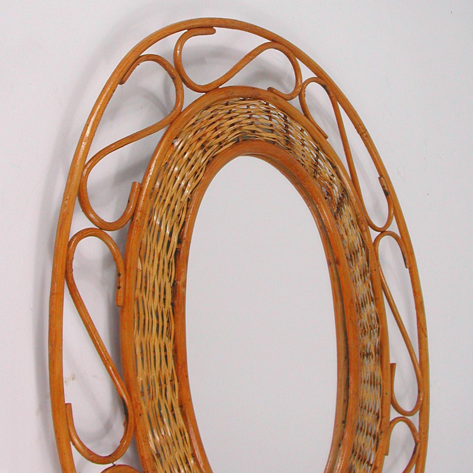 Midcentury Jean Royère Style French Riviera Rattan and Wicker Mirror, 1950s For Sale 3