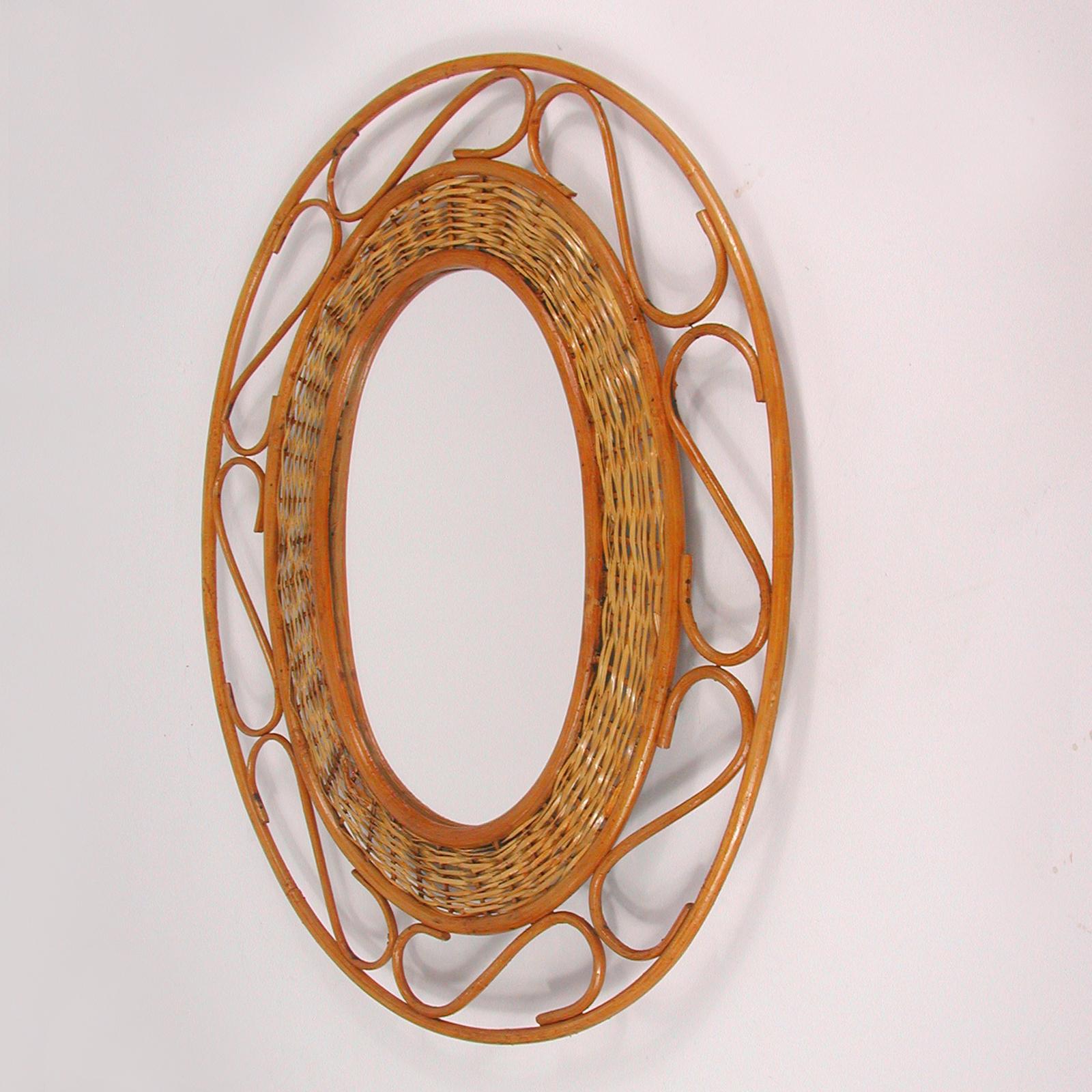 Midcentury Jean Royère Style French Riviera Rattan and Wicker Mirror, 1950s For Sale 4