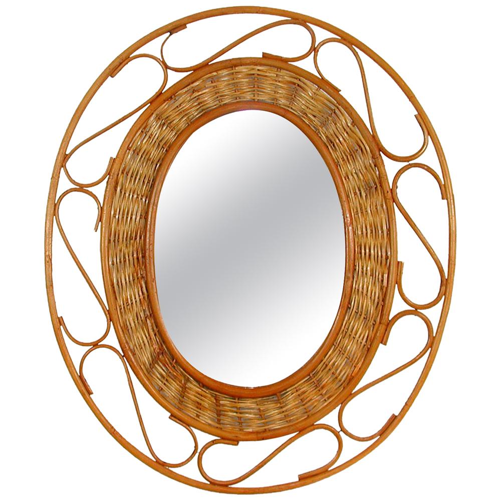Midcentury Jean Royère Style French Riviera Rattan and Wicker Mirror, 1950s For Sale