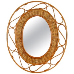 French Midcentury Oval Rattan and Wicker Wall Mirror, 1950s