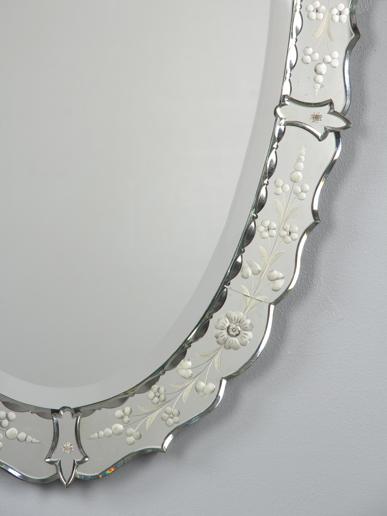 Mid-Century Modern French Midcentury Oval Venetian Glass Mirror, 1950s
