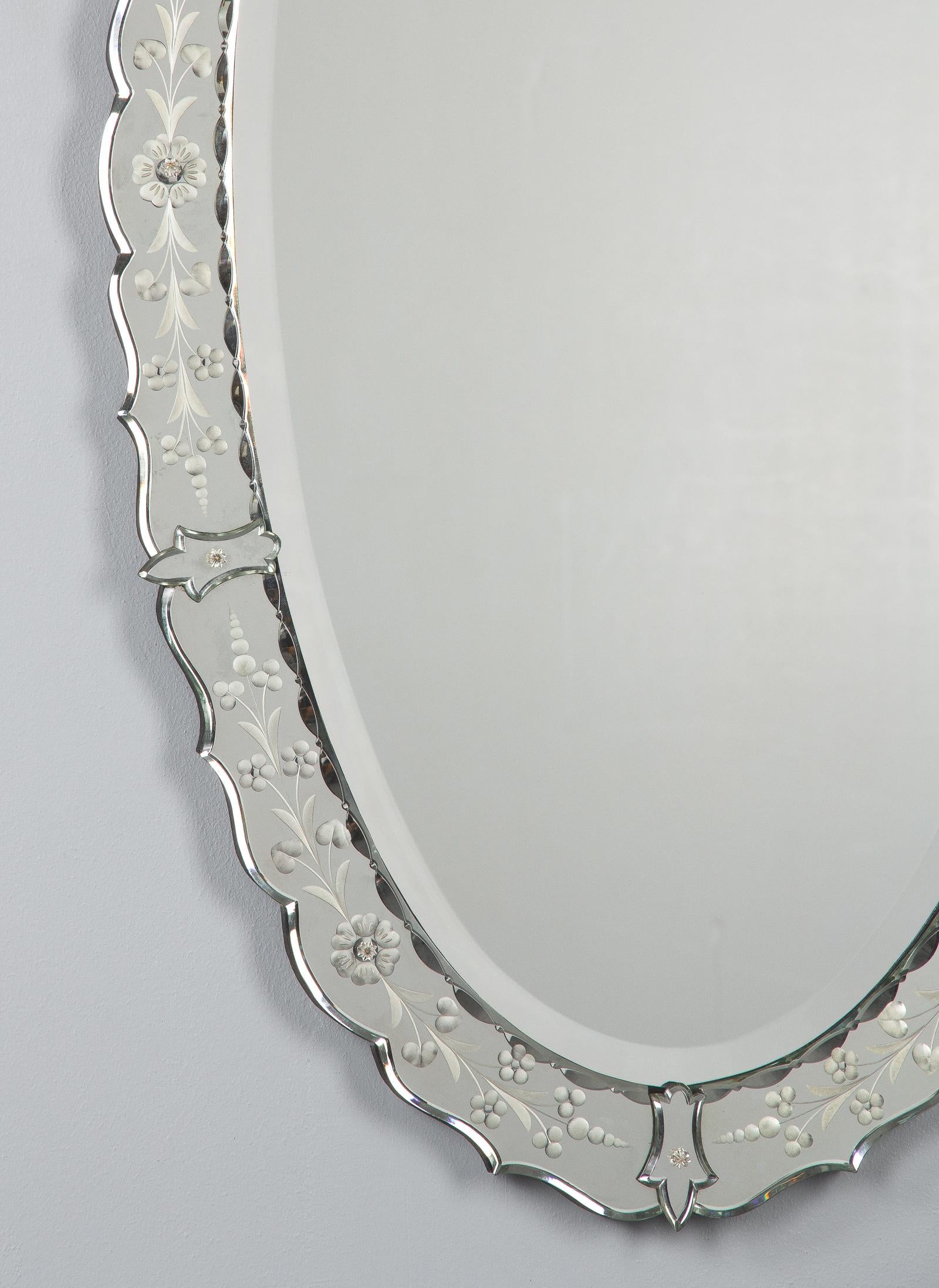 Beveled French Midcentury Oval Venetian Glass Mirror, 1950s