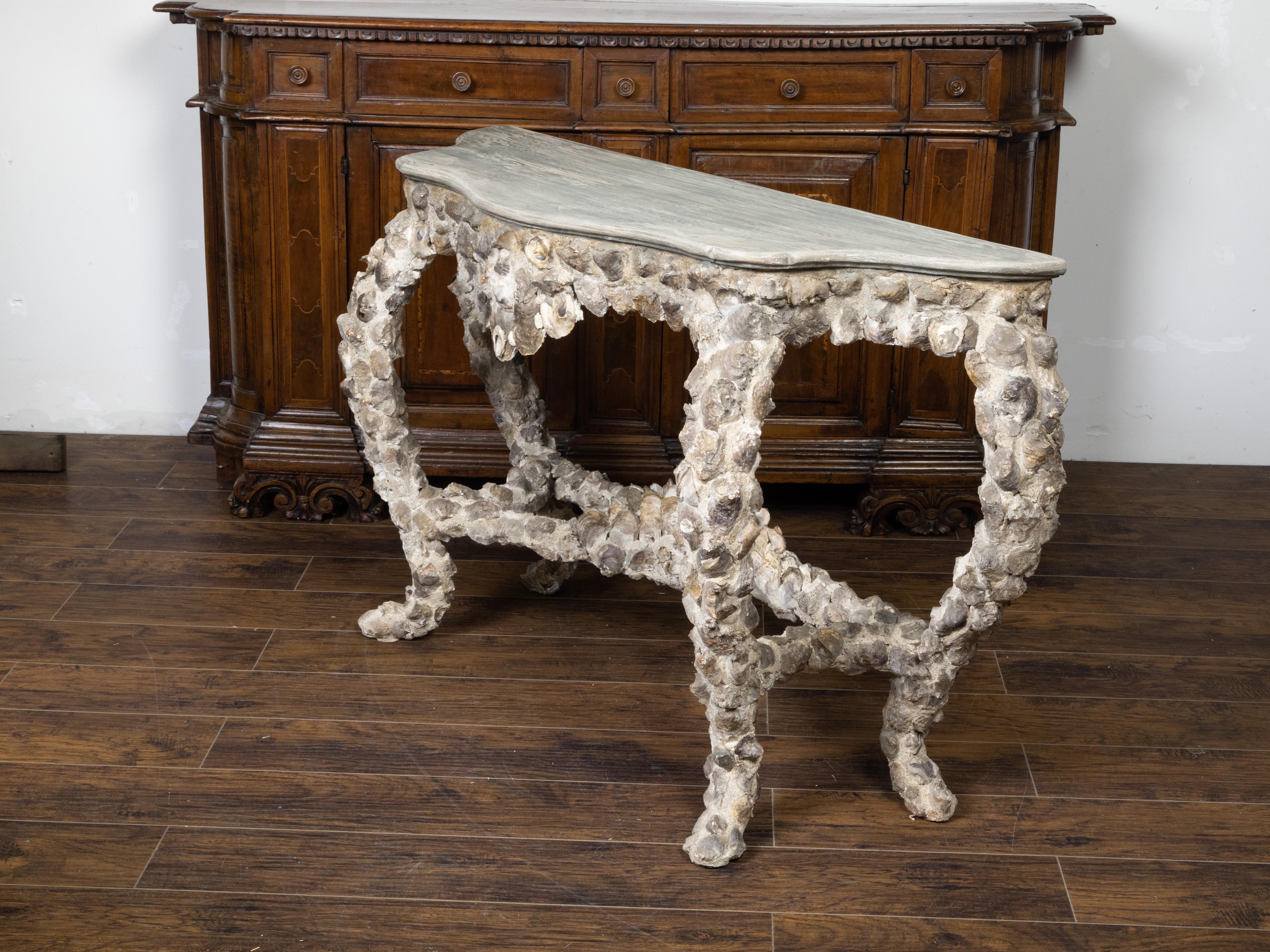 French Midcentury Oyster Shell Grotto Console Table with Painted Wood Top In Good Condition In Atlanta, GA