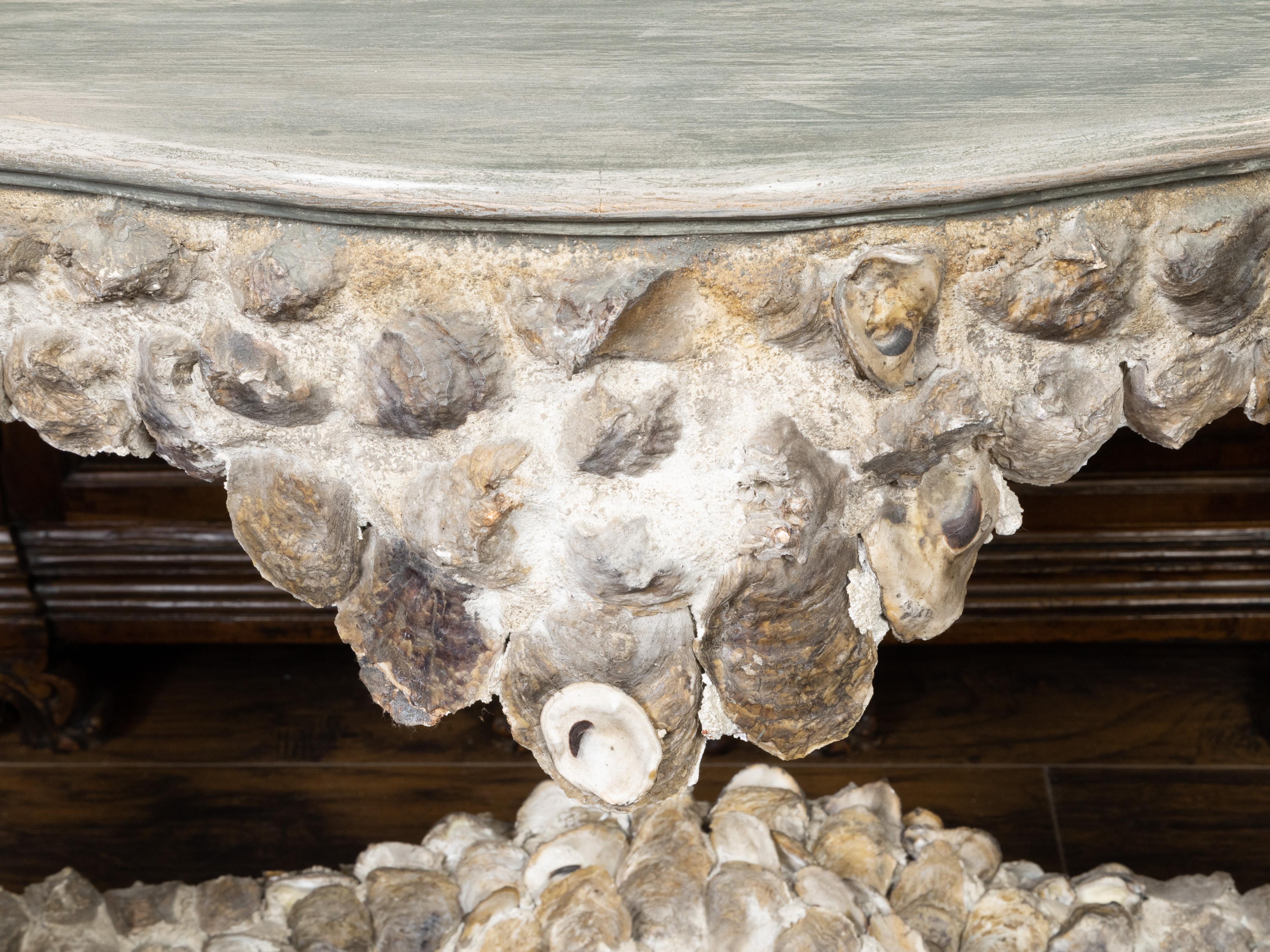 20th Century French Midcentury Oyster Shell Grotto Console Table with Painted Wood Top