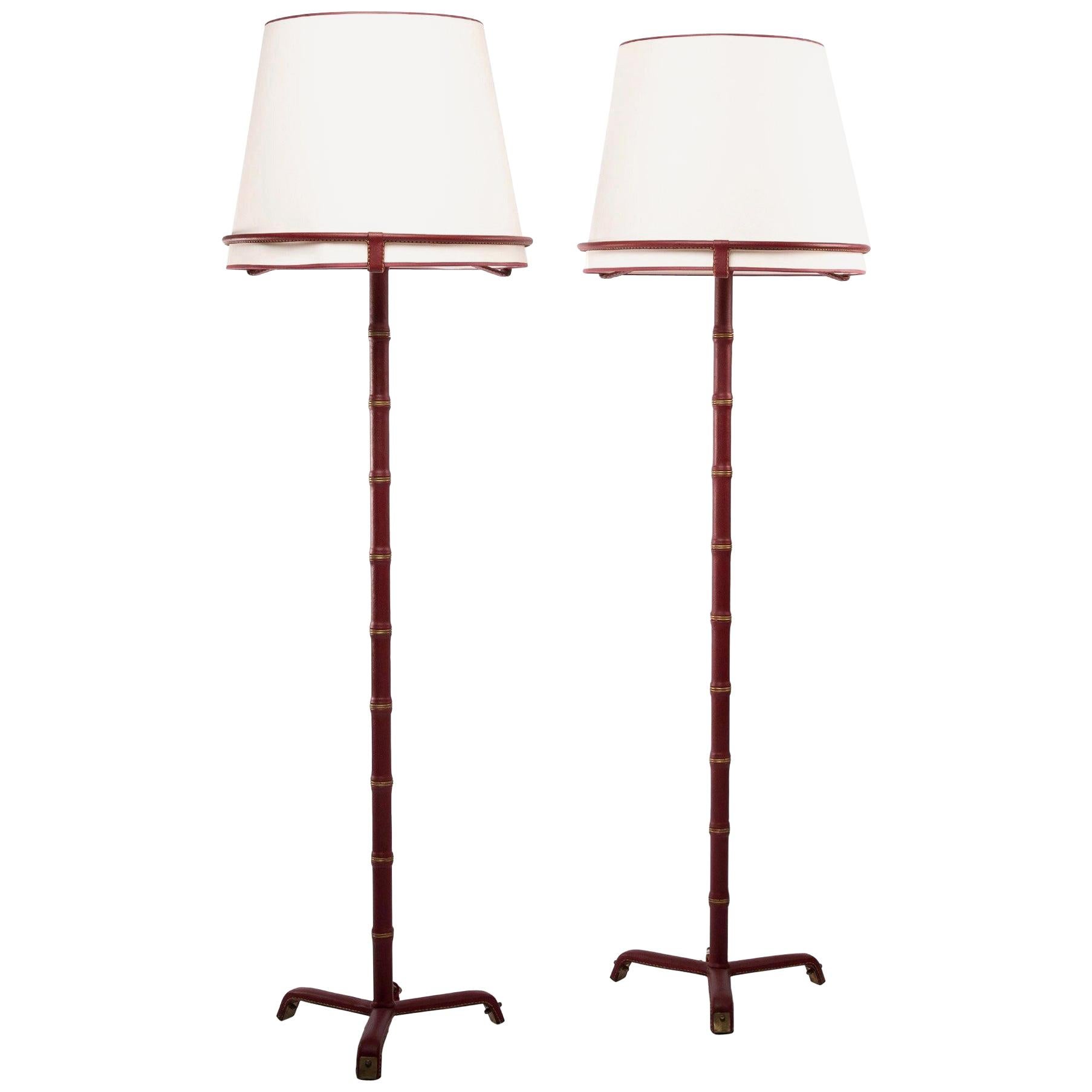 French Midcentury Pair of Floor Lamps, Jacques Adnet, Saddle Stitched Leather