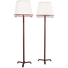 Retro French Midcentury Pair of Floor Lamps, Jacques Adnet, Saddle Stitched Leather