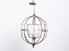 French Midcentury Patinated Brass and Glass Globe Lantern