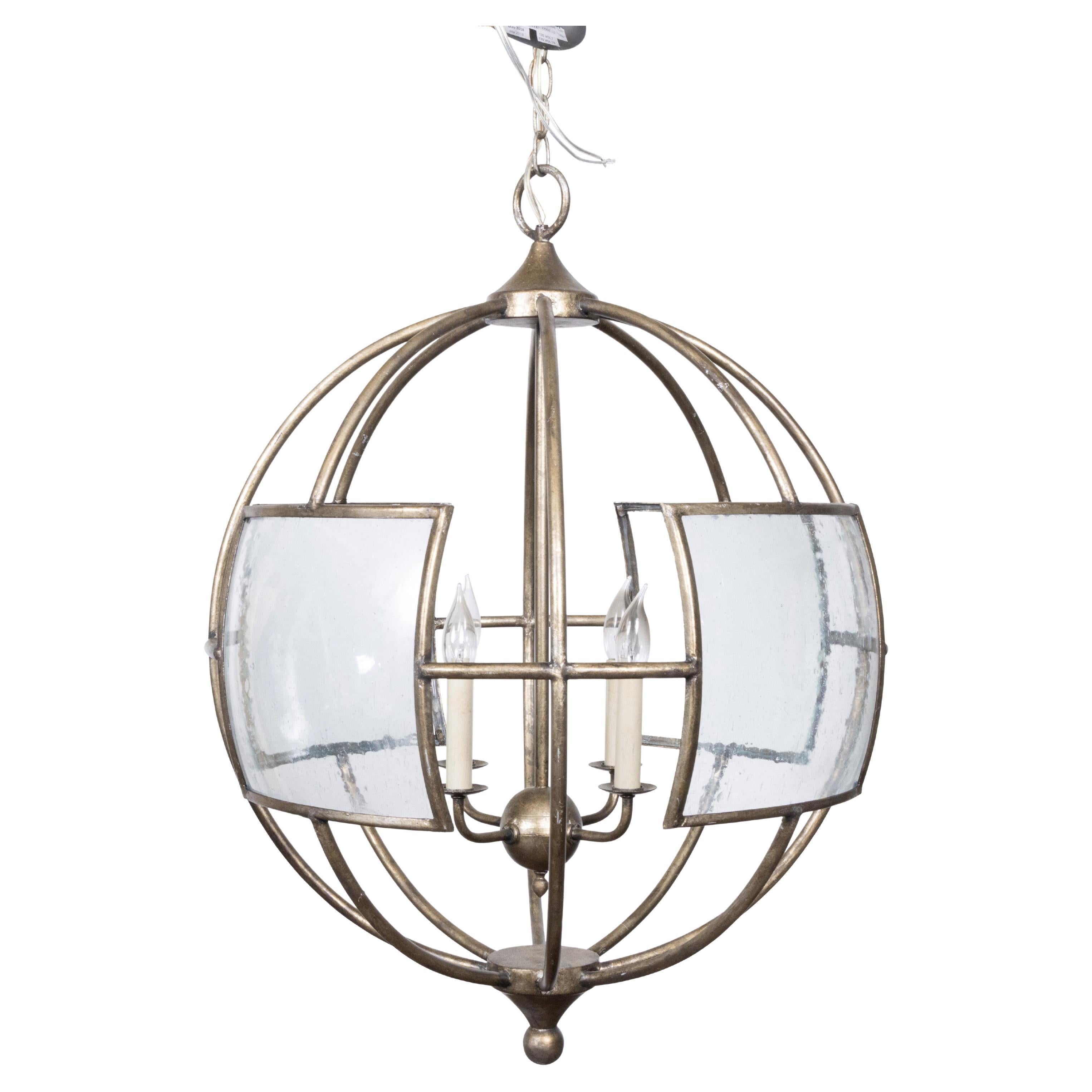 French Midcentury Patinated Brass and Glass Globe Lantern For Sale