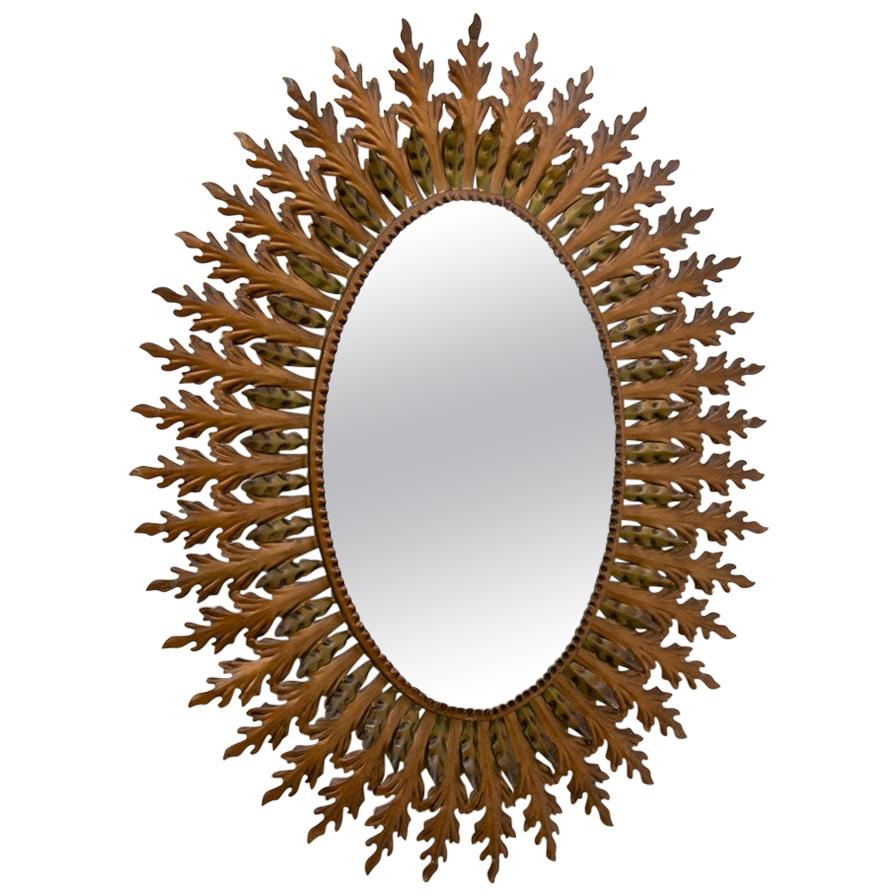 French Midcentury Patinated Brass Framed Mirror, c.1960 For Sale