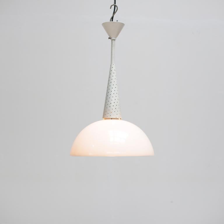 Midcentury pendant by French designer Mathieu Mategot with a white holophene shade and a perforated metal conical shaped down rod.
 