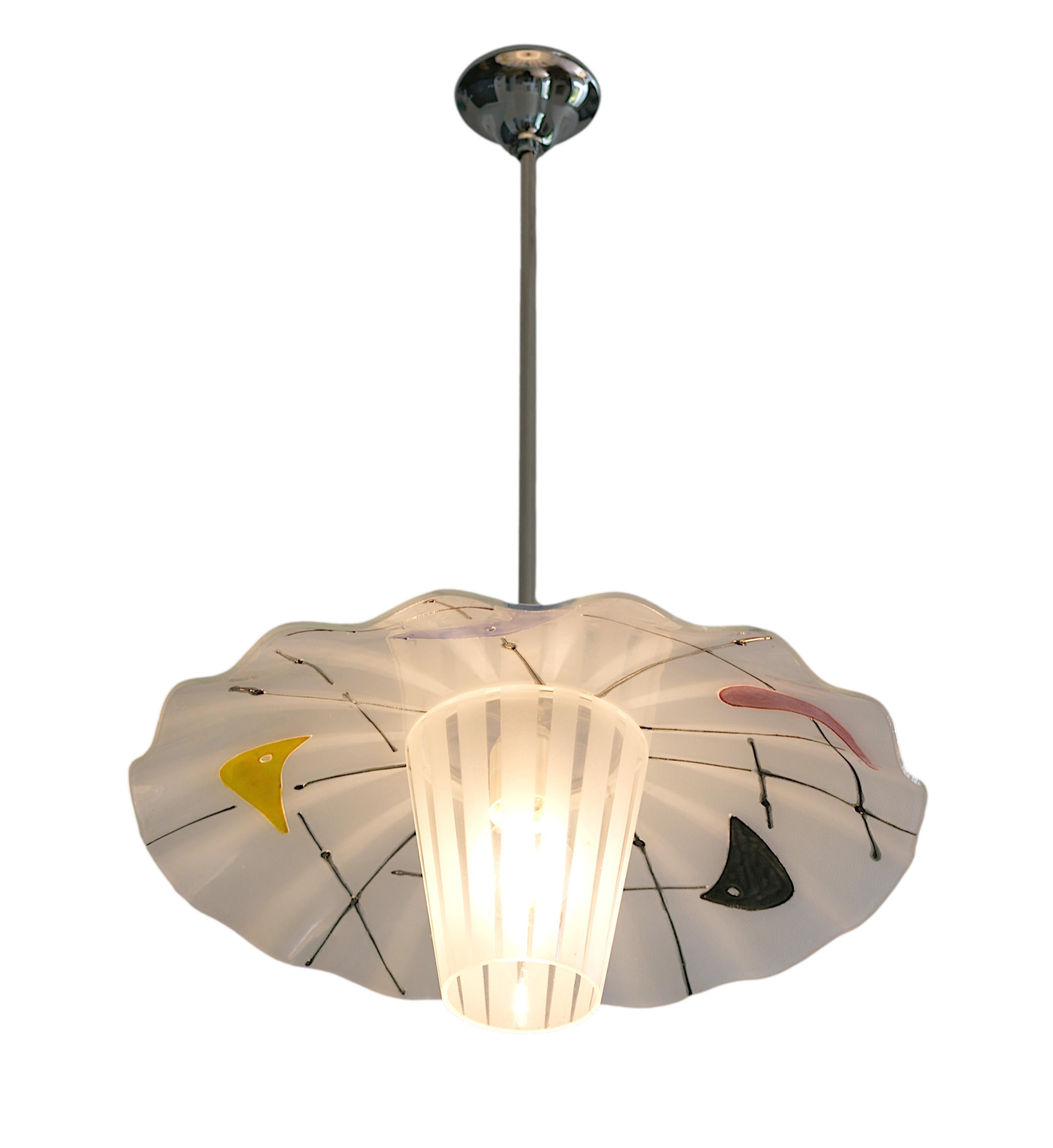 French midcentury pendant chandelier, France, 1950s. Glass & chrome. Height : 23.6