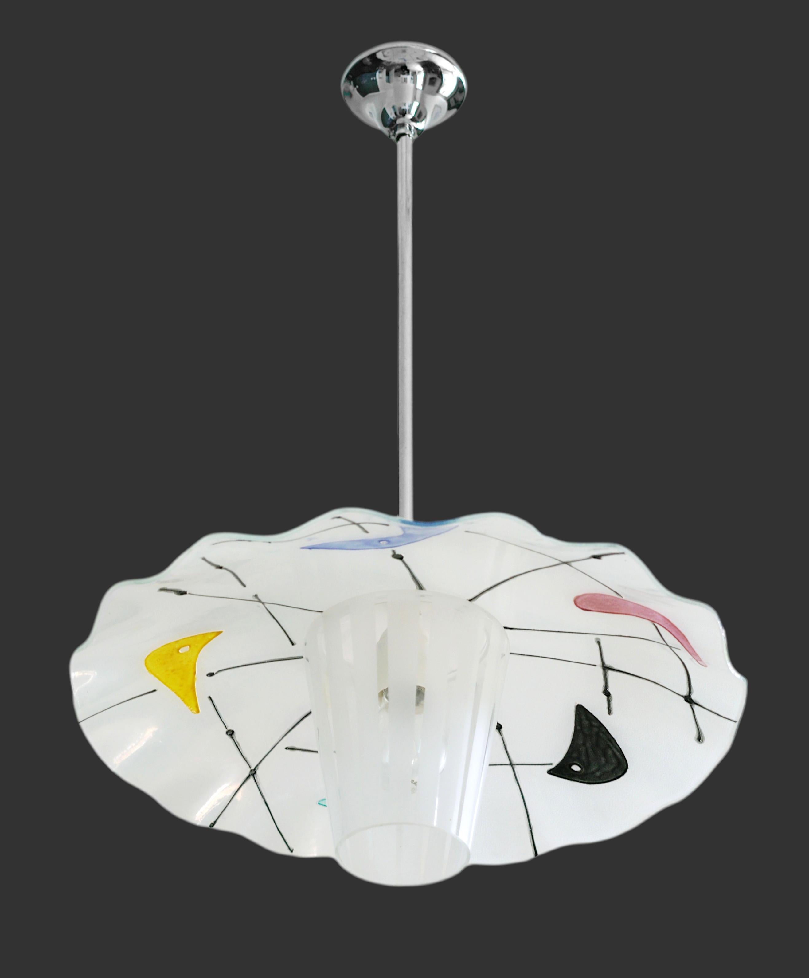 French midcentury pendant chandelier, France, 1950s. Glass & chrome. Height : 23.6