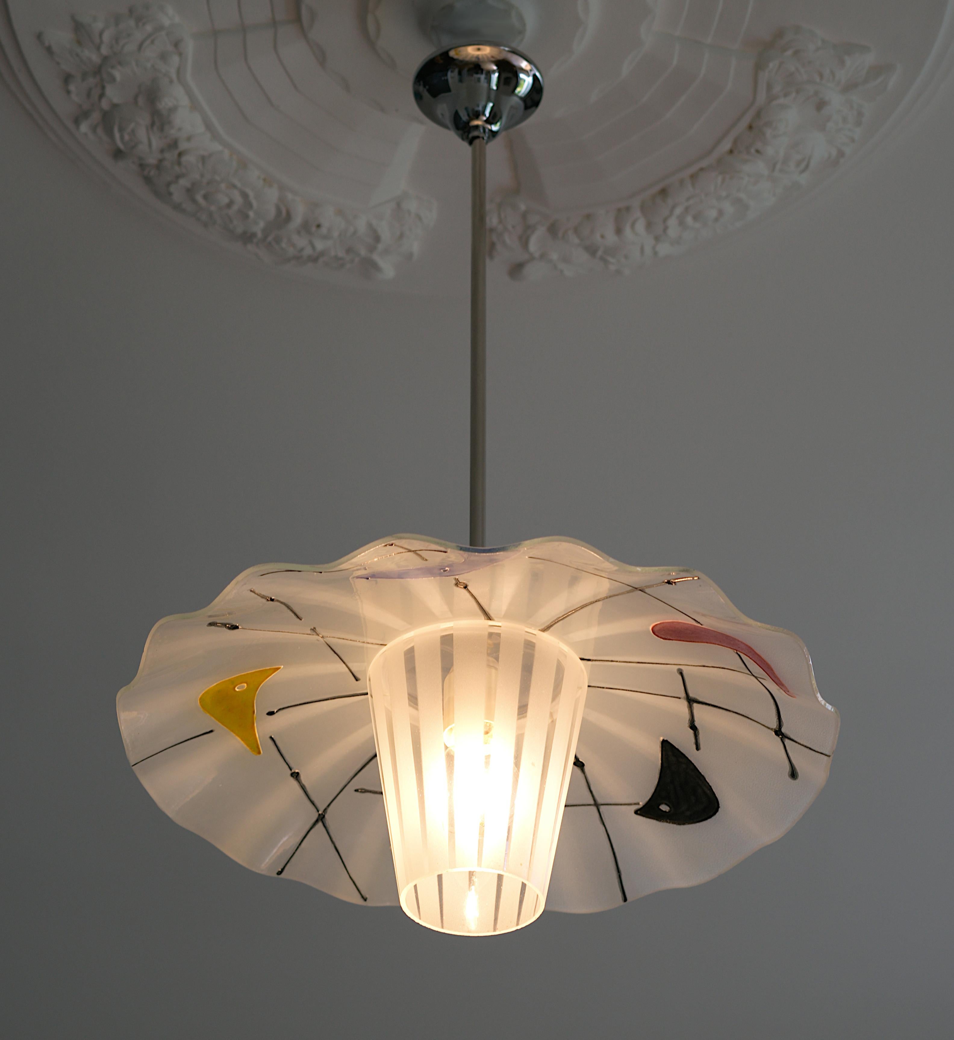 Glass French Midcentury Pendant Chandelier, 1950s For Sale