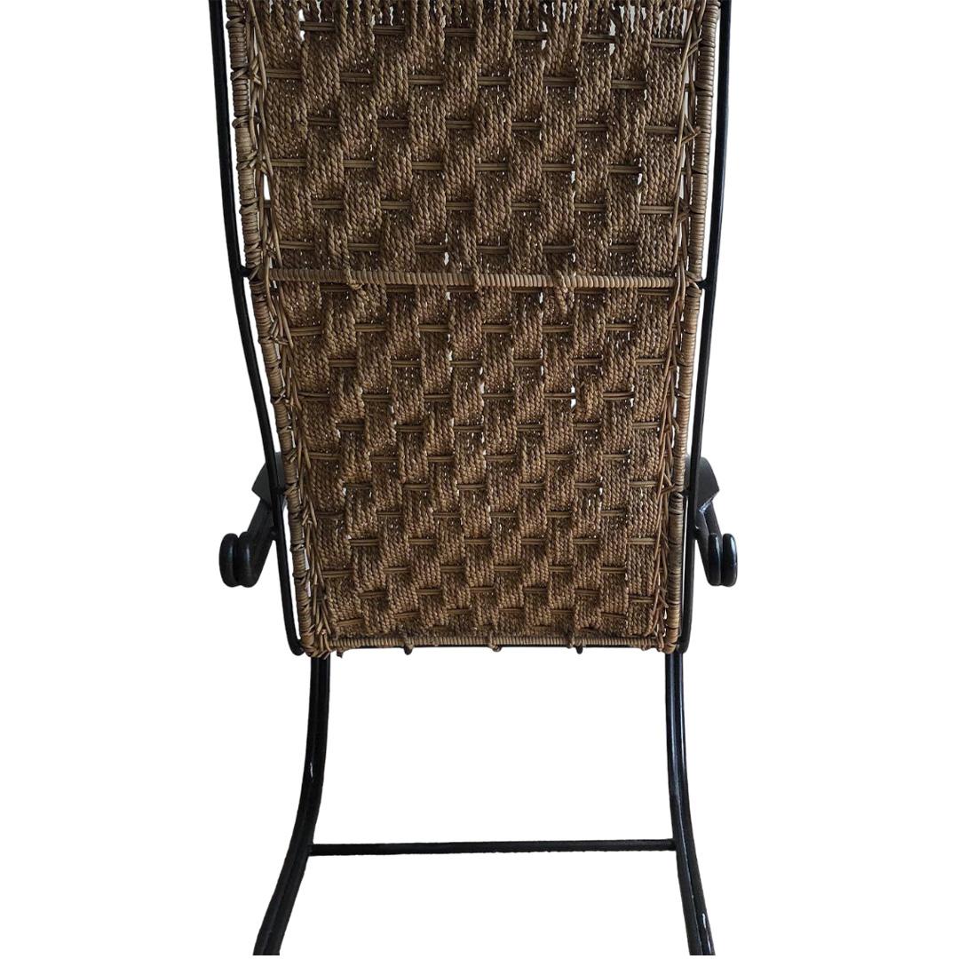 Woven French Midcentury Rattan and Wrought Iron Armchair For Sale