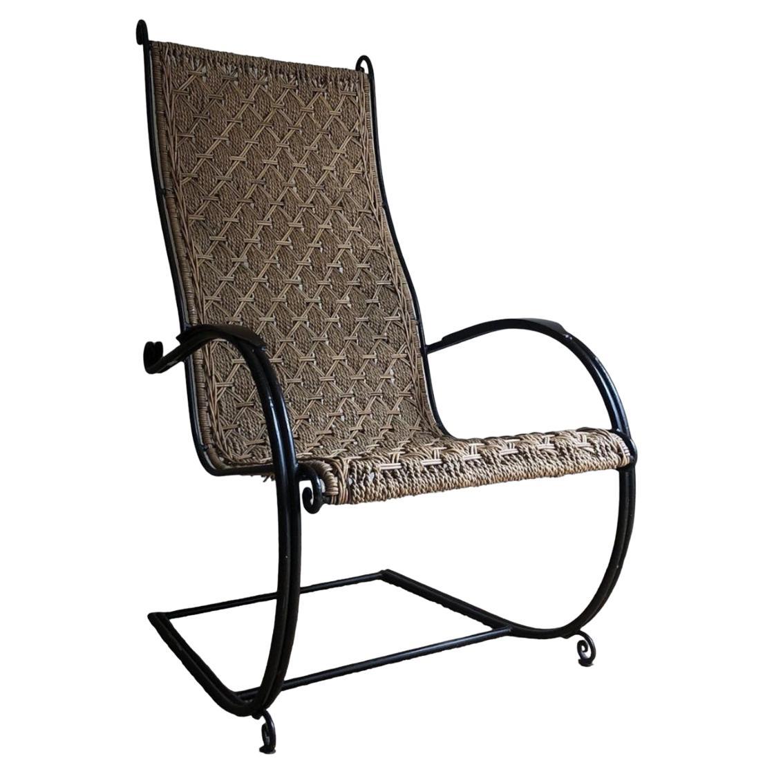 French Midcentury Rattan and Wrought Iron Armchair For Sale