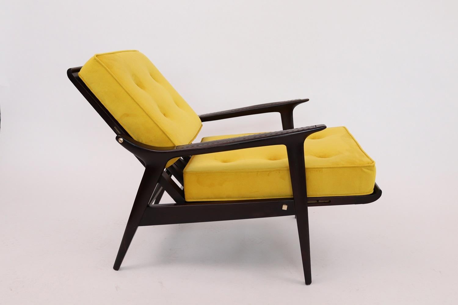 Velvet Italian Midcentury Recliner Armchair Reupholstered, 1950s