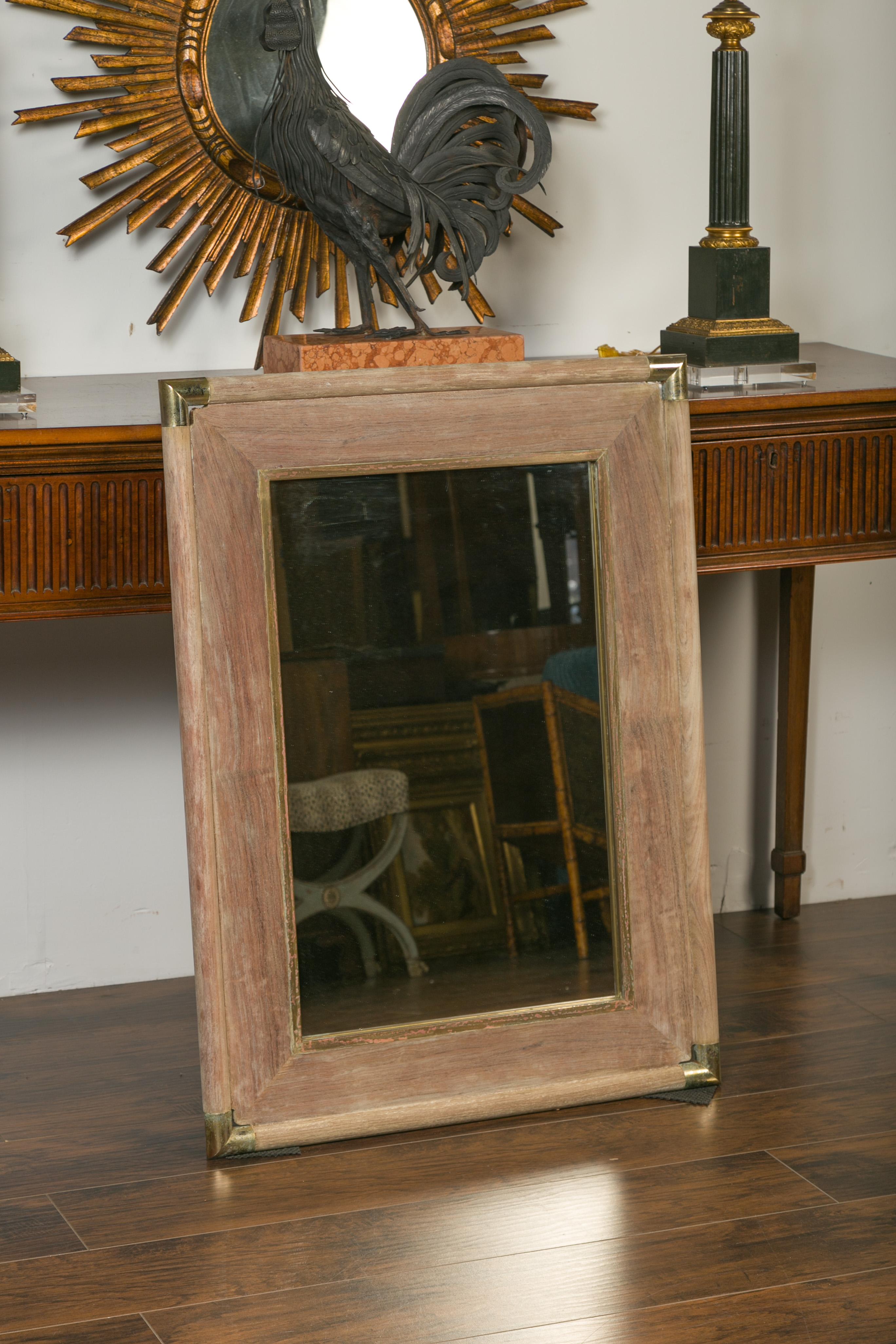Mid-Century Modern French Midcentury Rectangular Mirror with Brass Accents and Natural Patina