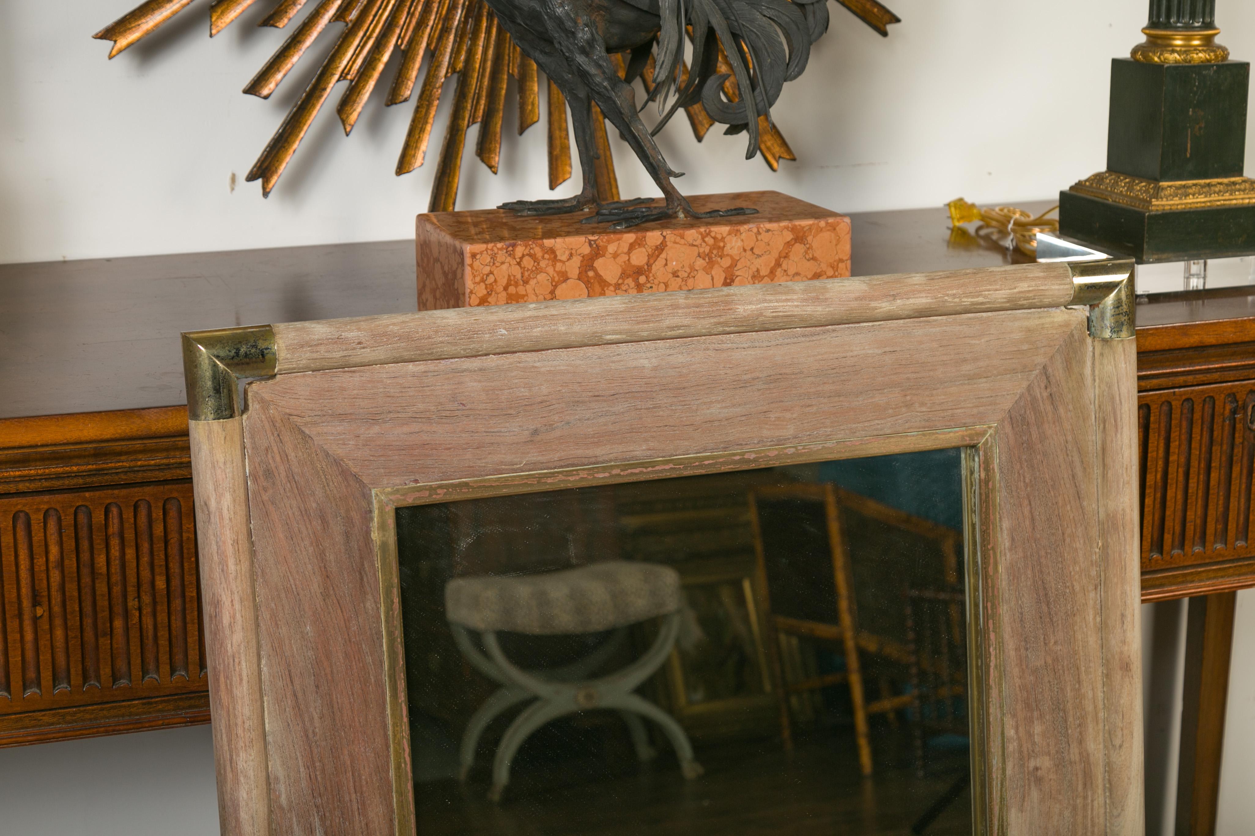 French Midcentury Rectangular Mirror with Brass Accents and Natural Patina In Good Condition In Atlanta, GA