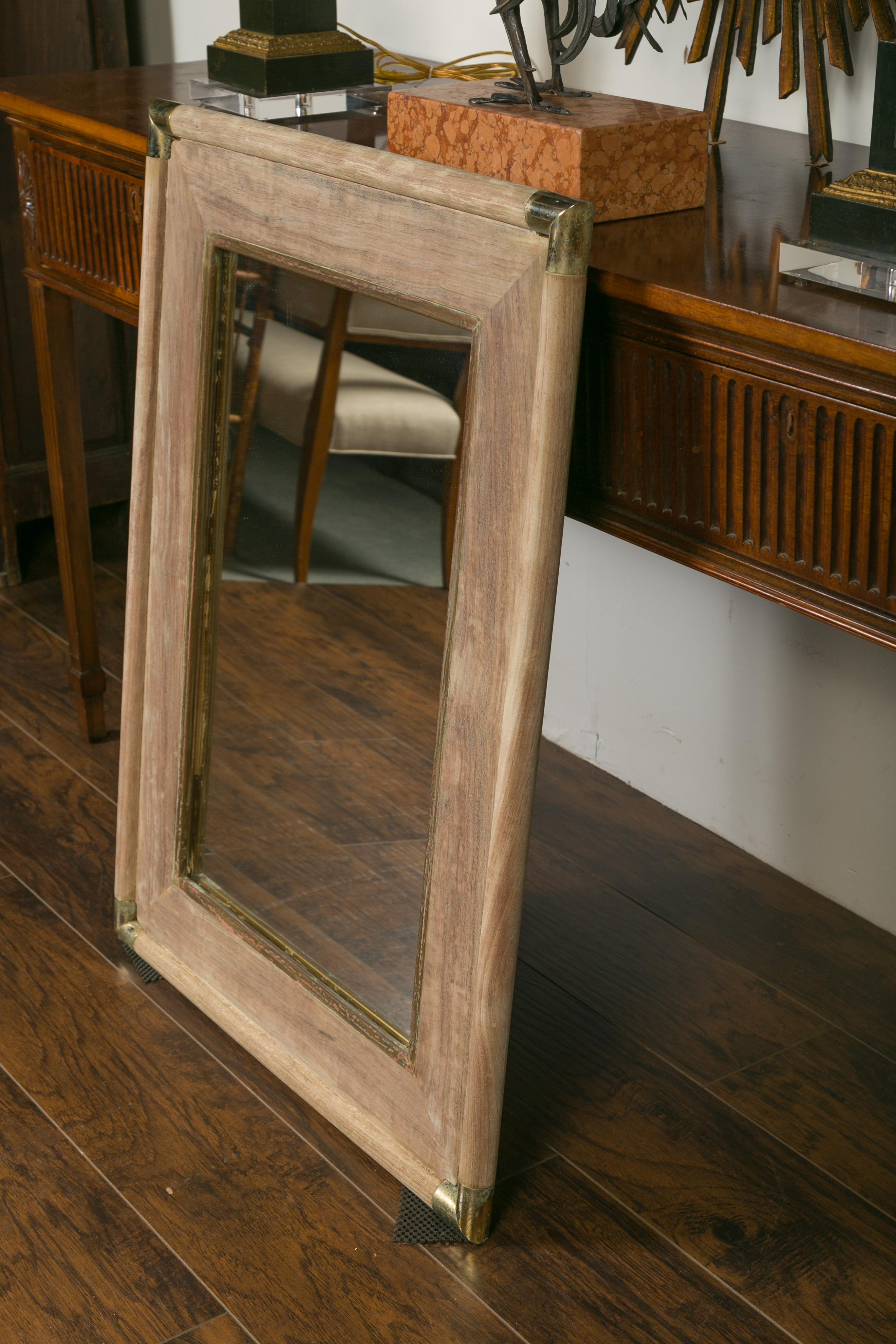 French Midcentury Rectangular Mirror with Brass Accents and Natural Patina 4