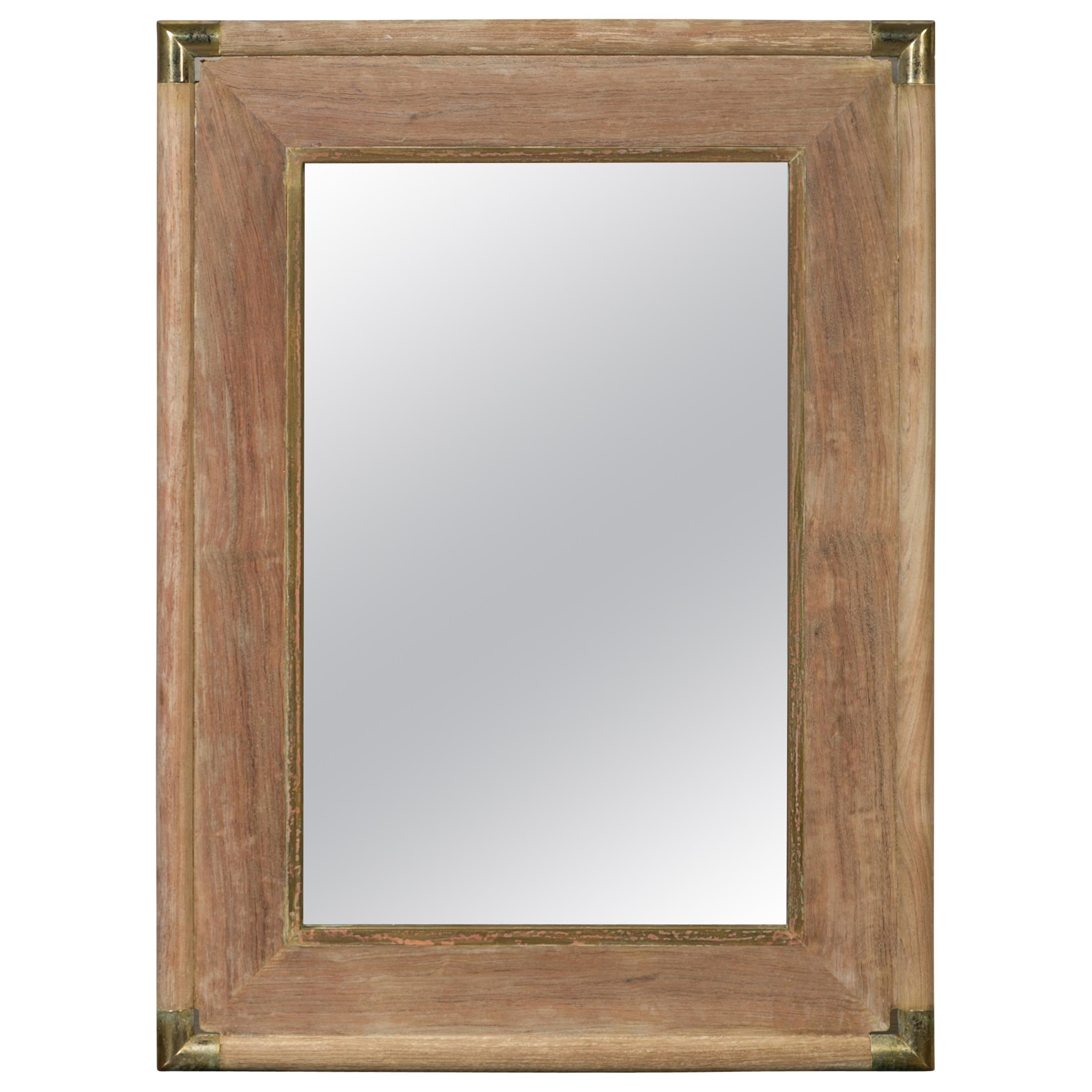French Midcentury Rectangular Mirror with Brass Accents and Natural Patina