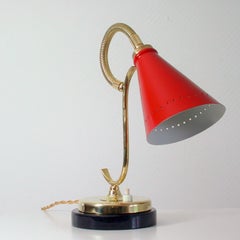 French Midcentury Red Brass and Marble Gooseneck Table Lamp, 1950s