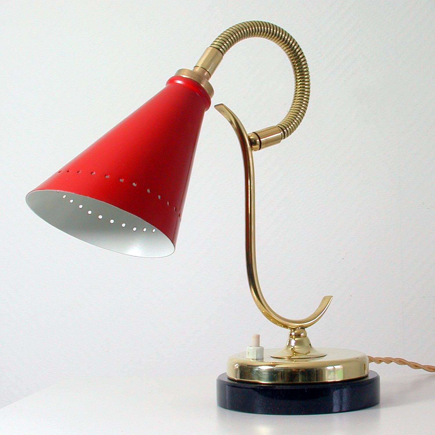 Mid-Century Modern French Midcentury Red Brass and Marble Gooseneck Table Lamp, 1950s For Sale