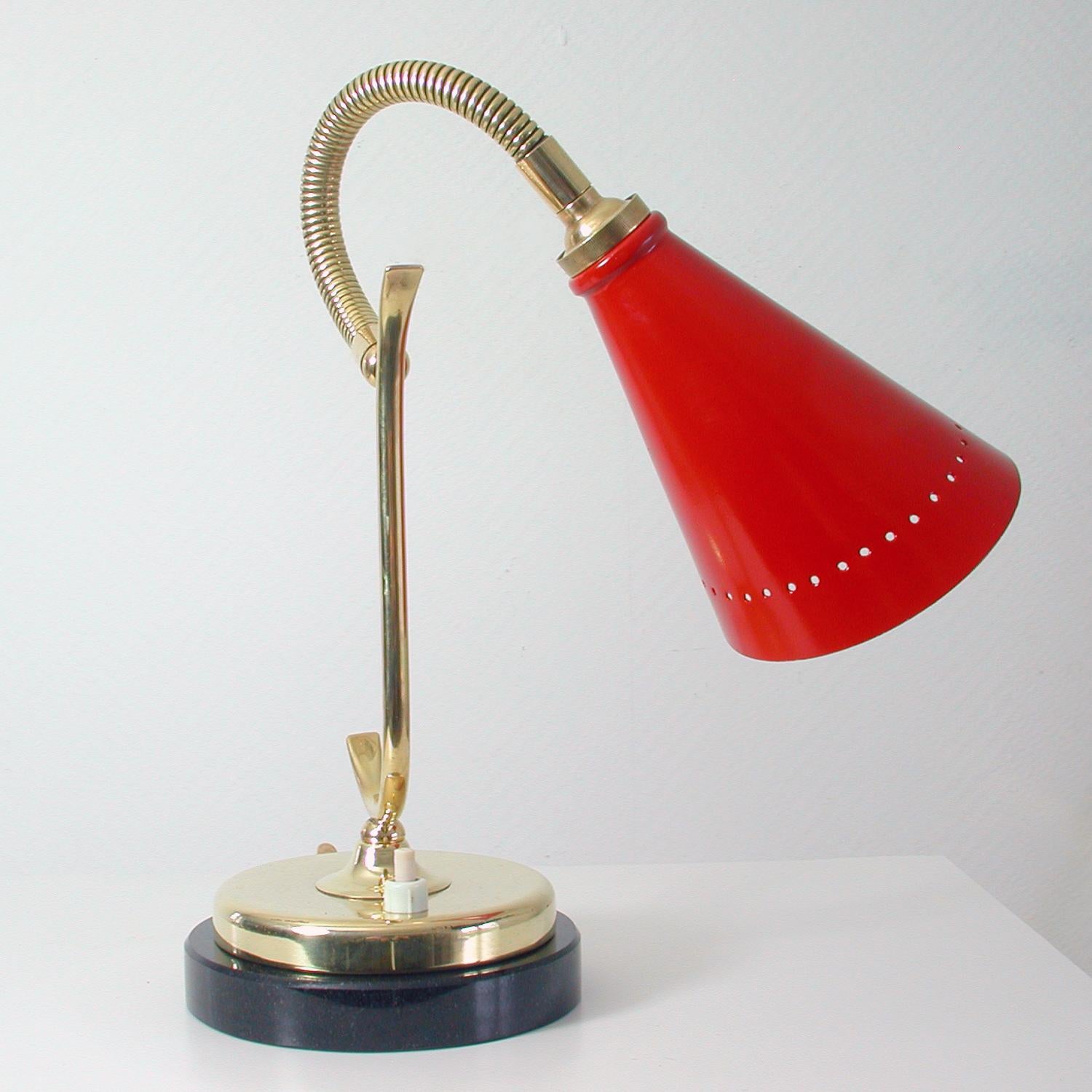 Aluminum French Midcentury Red Brass and Marble Gooseneck Table Lamp, 1950s For Sale
