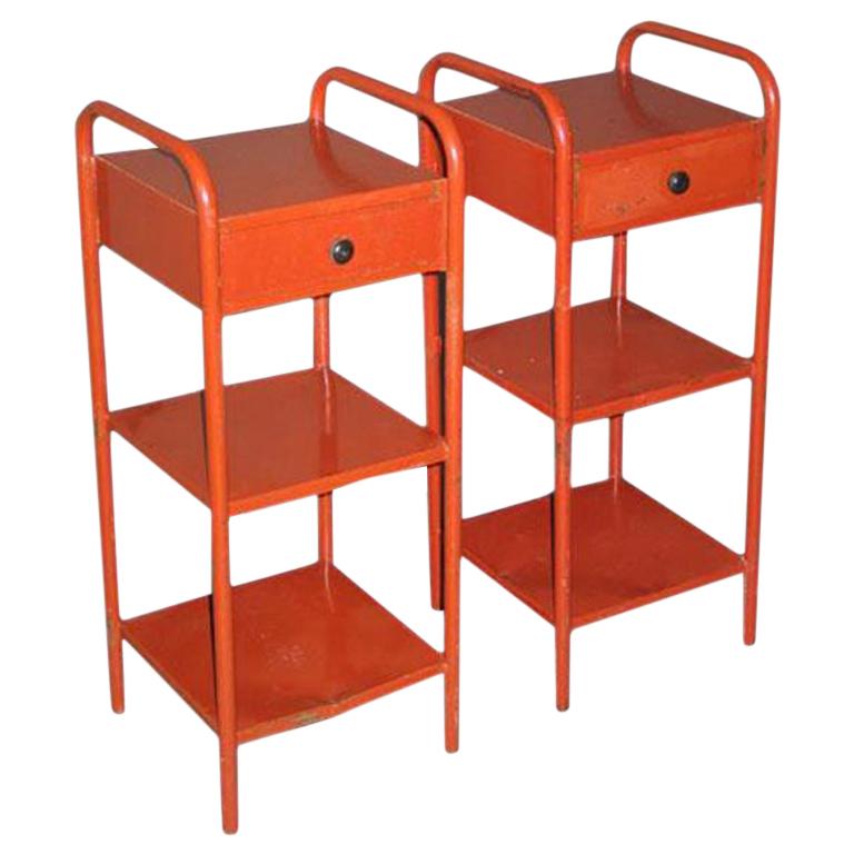 French Midcentury Red Enamel Steel Nightstands / Side Tables, Jean Prouve, Pair