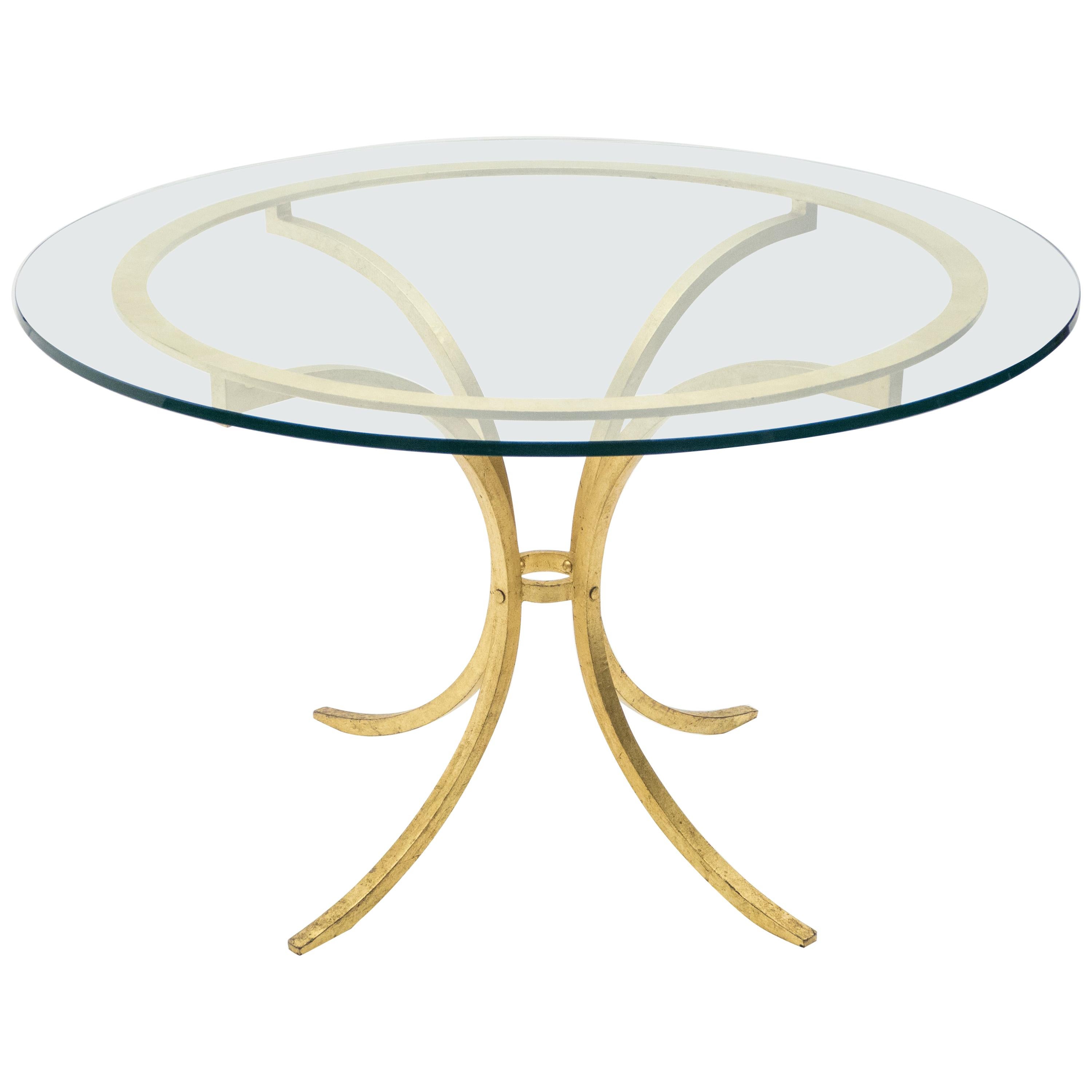 French Midcentury Roger Thibier Gilt Wrought Iron Gold Leaf Glass Dining Table
