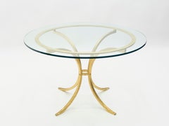 French Midcentury Roger Thibier Gilt Wrought Iron Gold Leaf Glass Table 1960