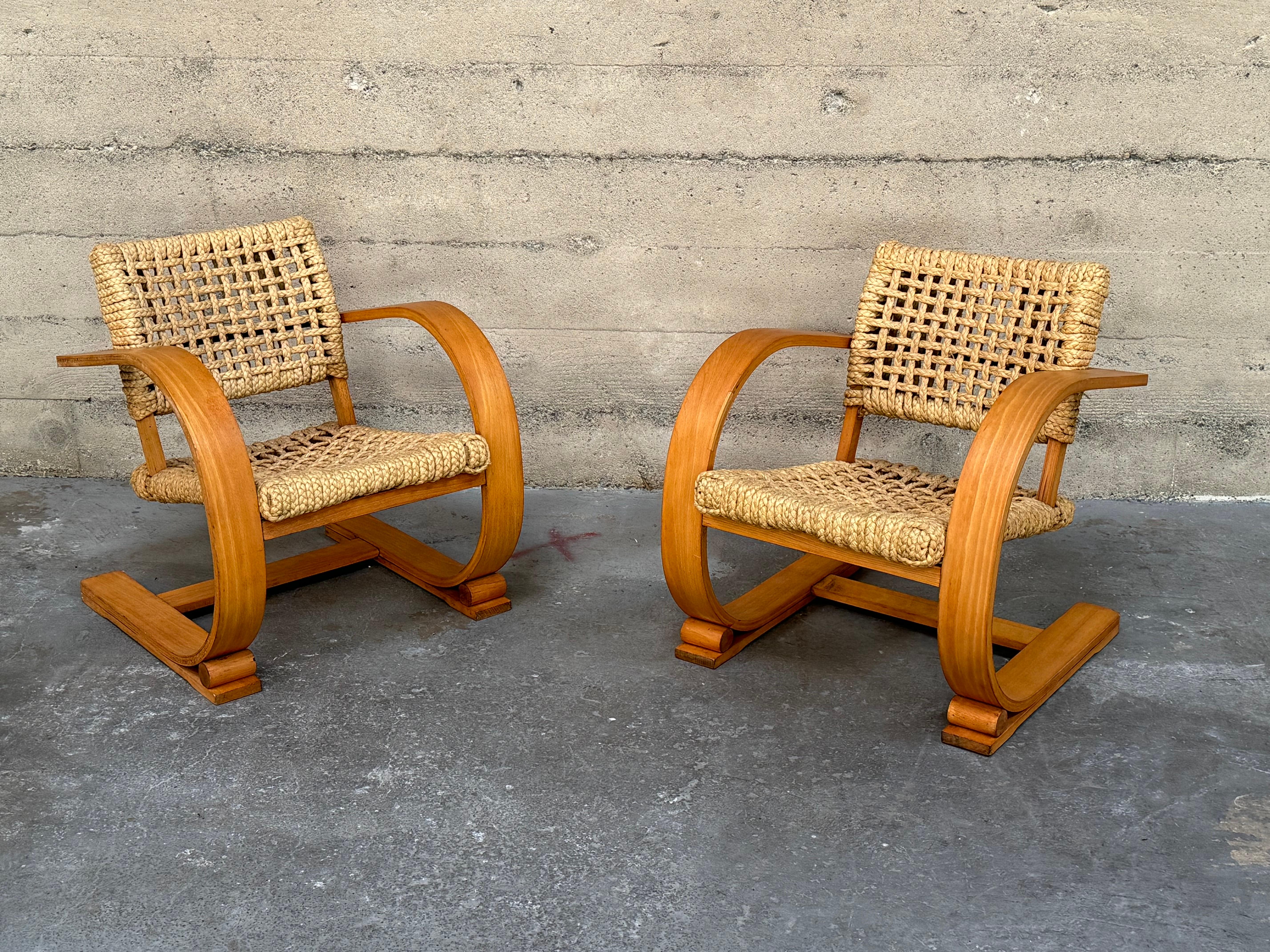 Mid-Century Modern French Midcentury Rope Cantilever Chairs by Audoux & Minet For Sale