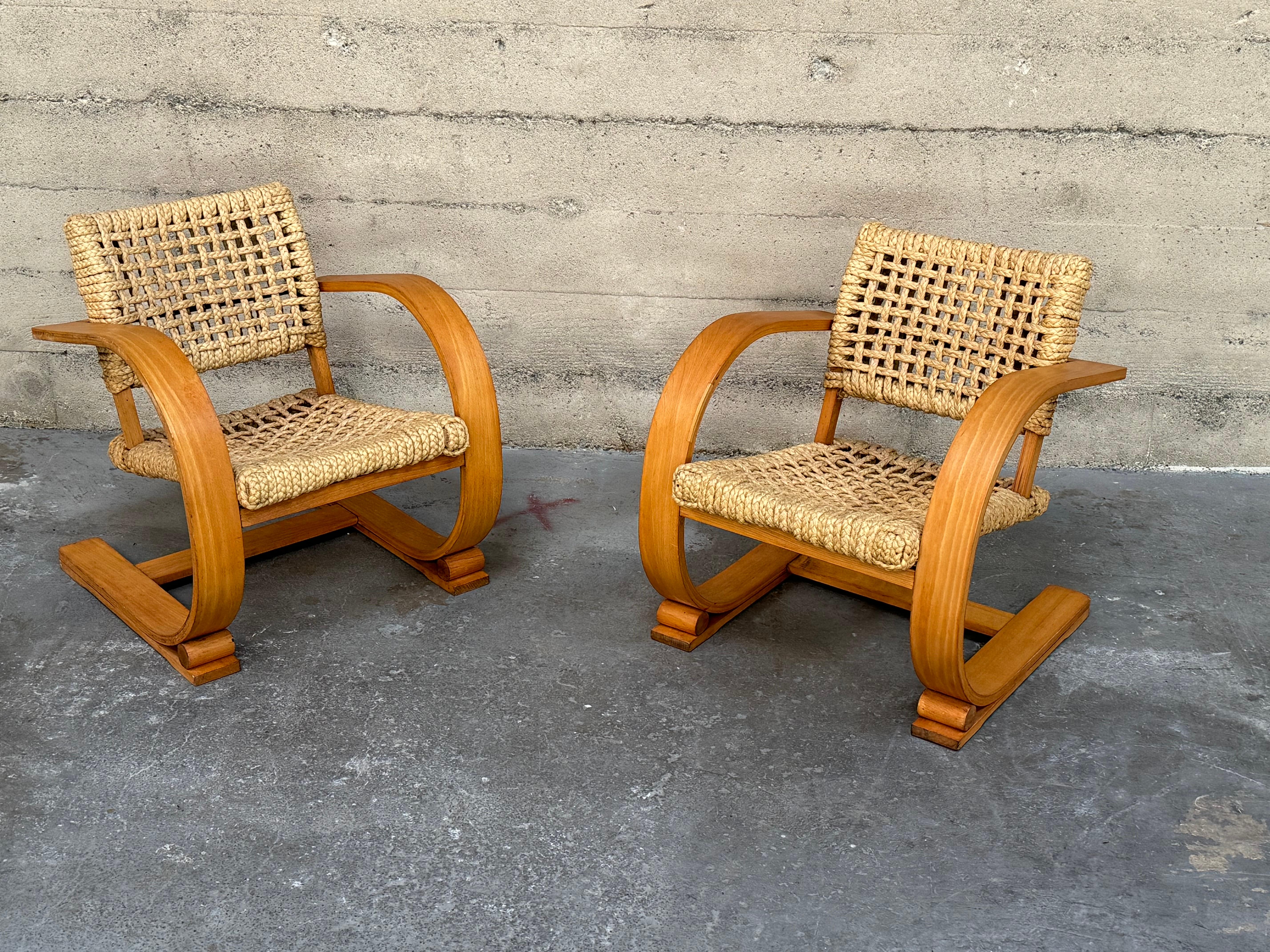 Hand-Crafted French Midcentury Rope Cantilever Chairs by Audoux & Minet For Sale