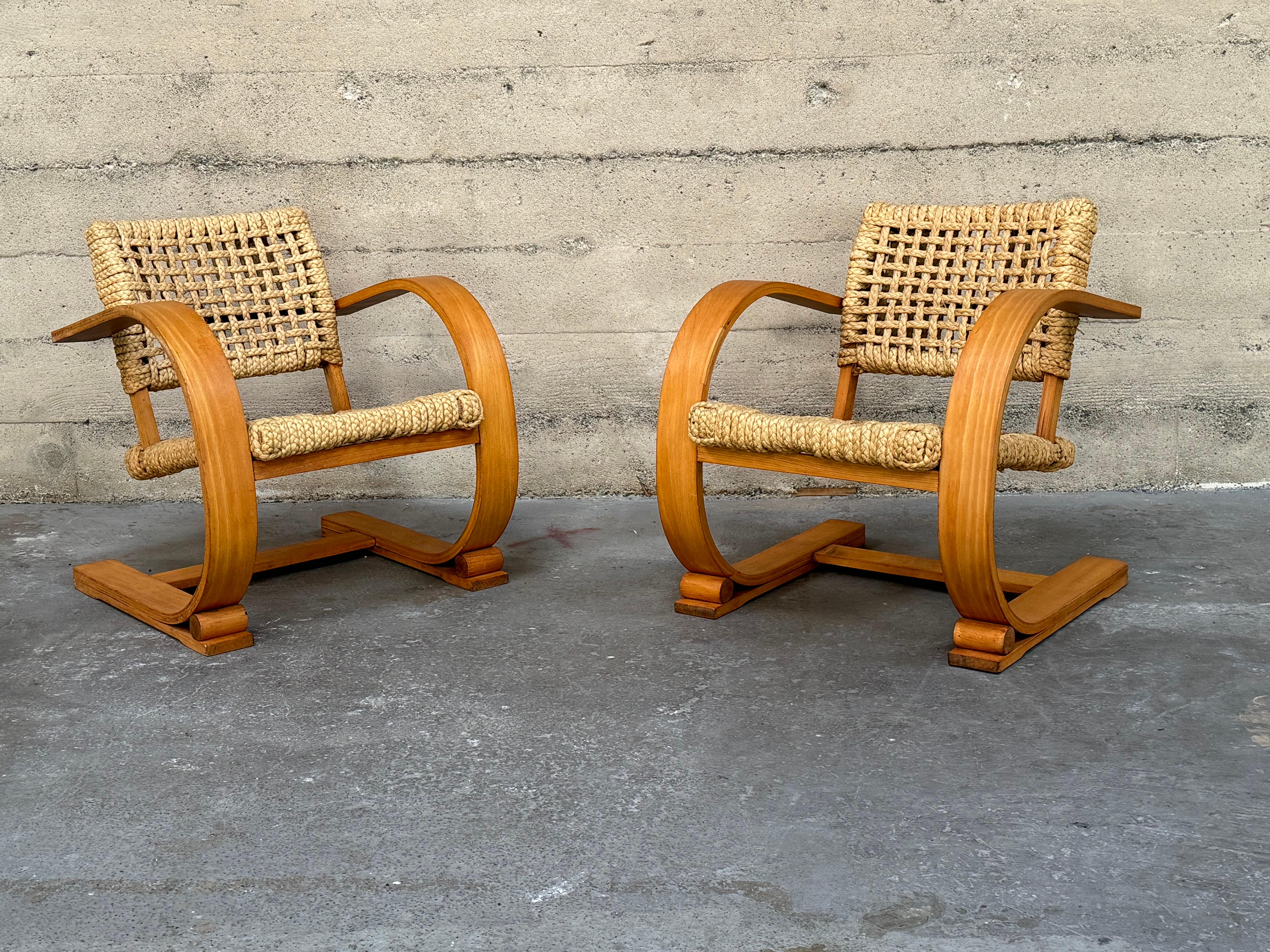 French Midcentury Rope Cantilever Chairs by Audoux & Minet In Good Condition For Sale In Oakland, CA