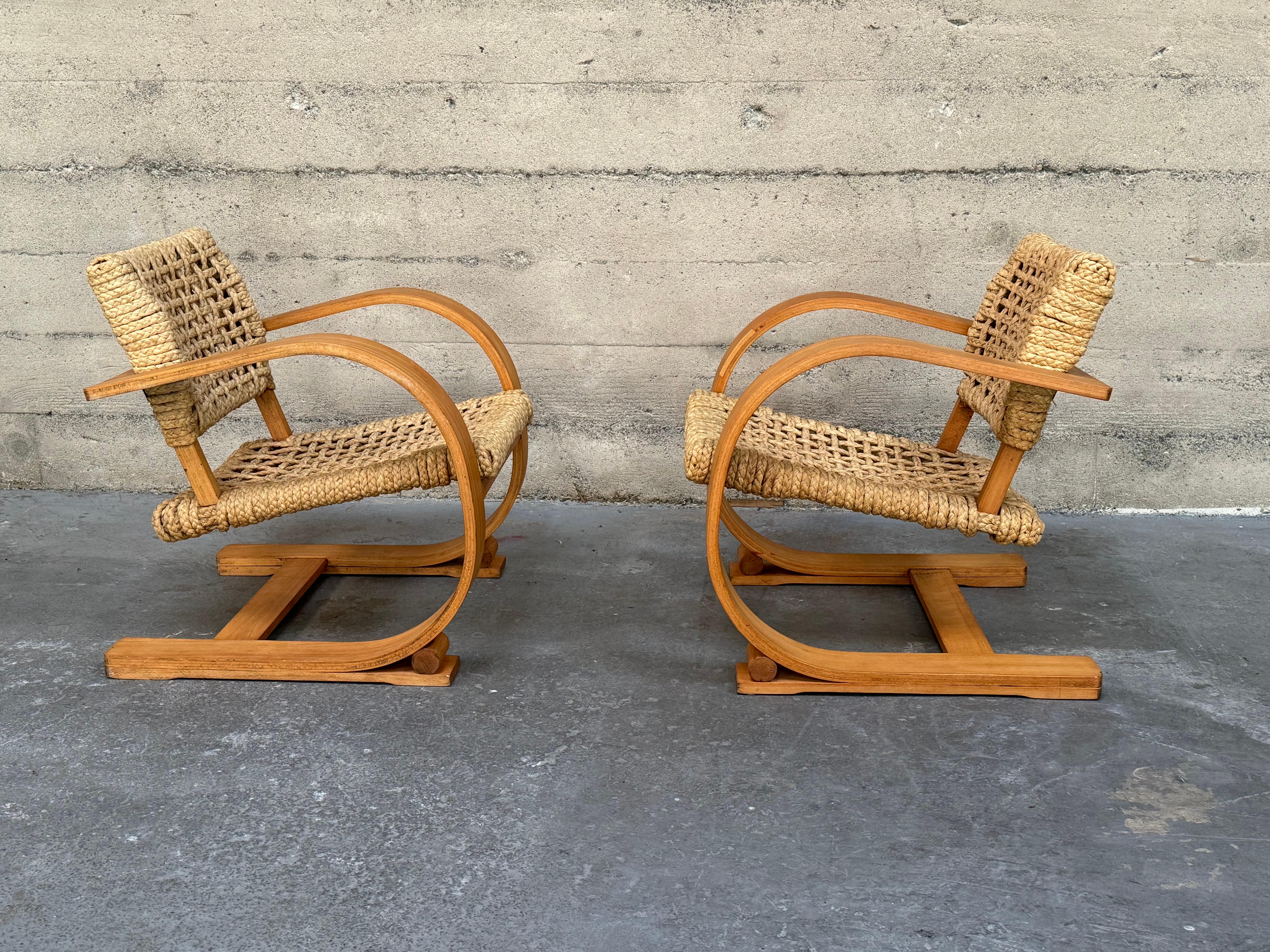 Mid-20th Century French Midcentury Rope Cantilever Chairs by Audoux & Minet For Sale