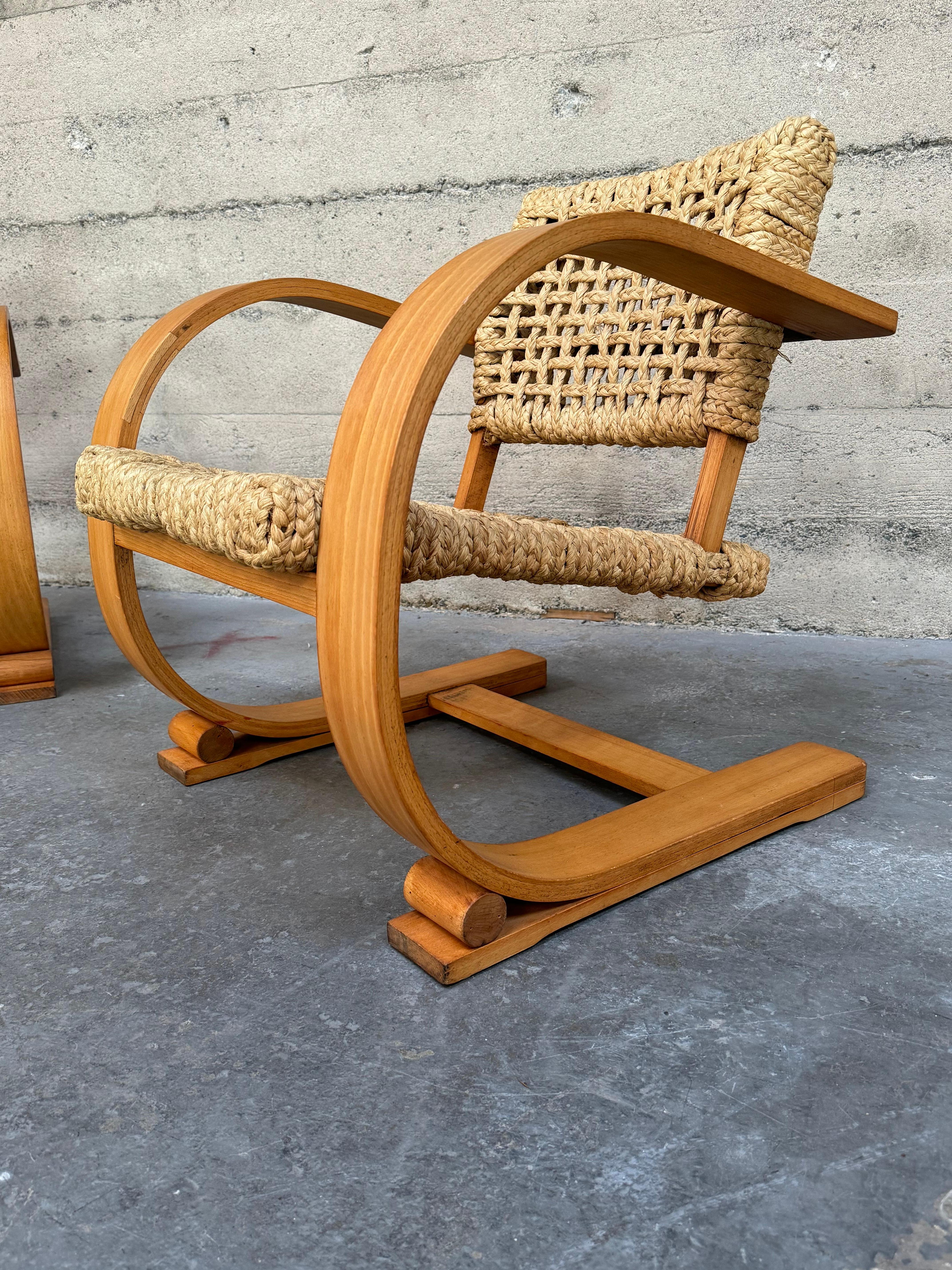 French Midcentury Rope Cantilever Chairs by Audoux & Minet For Sale 1
