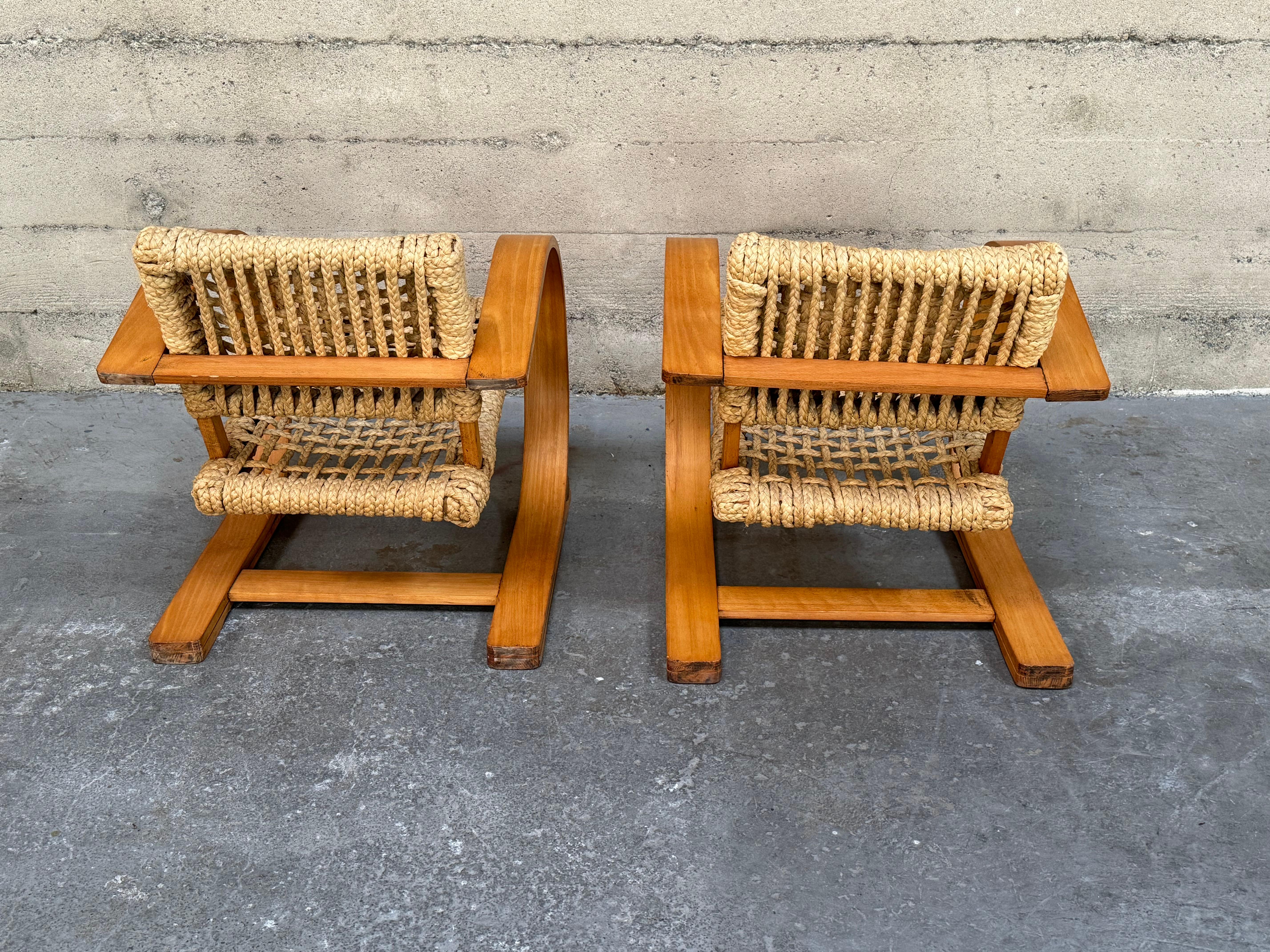 French Midcentury Rope Cantilever Chairs by Audoux & Minet For Sale 3