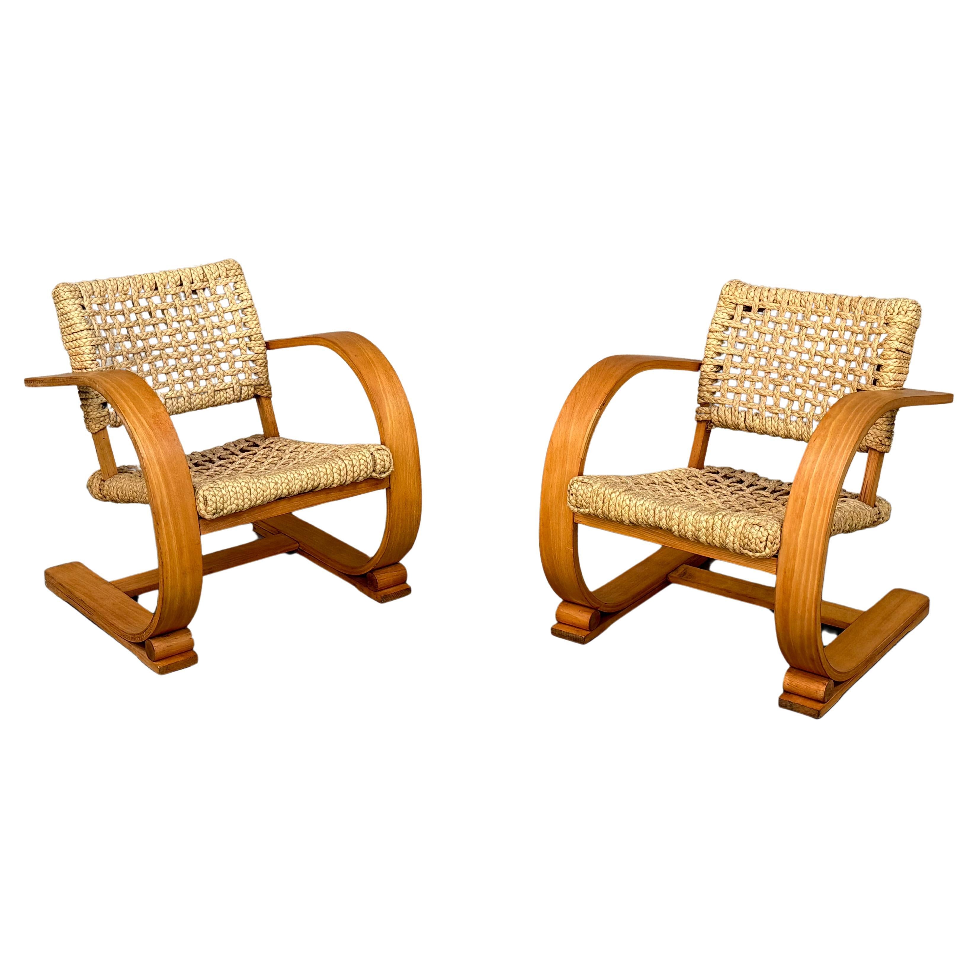 French Midcentury Rope Cantilever Chairs by Audoux & Minet For Sale