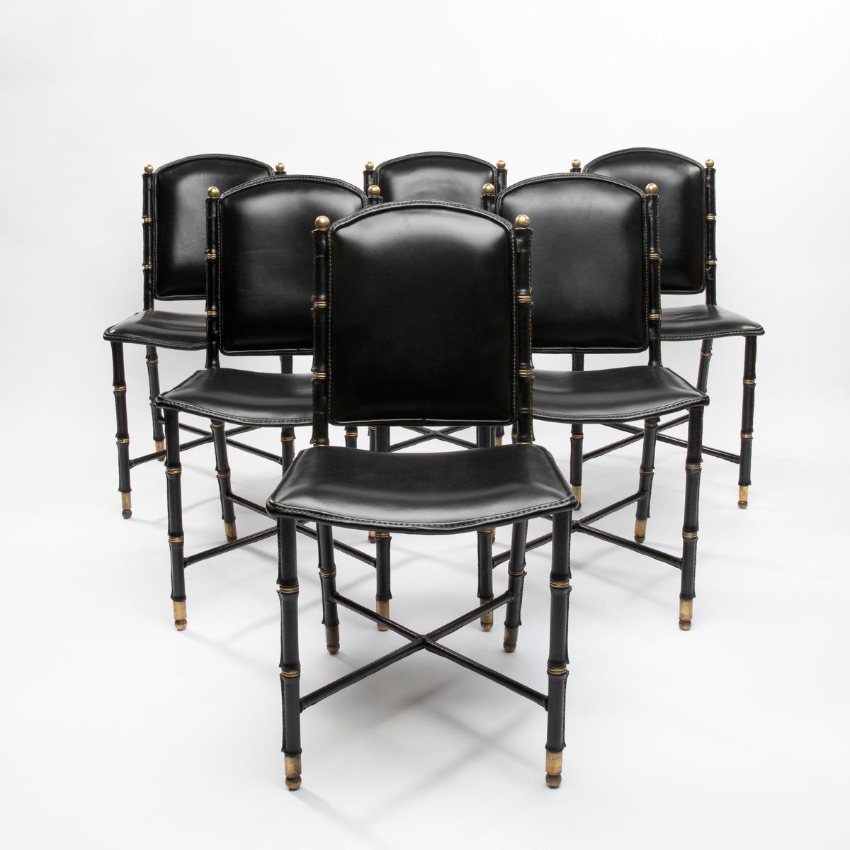 French Midcentury Set of 6 Chairs in Black Stitched Leather by Jacques Adnet 5