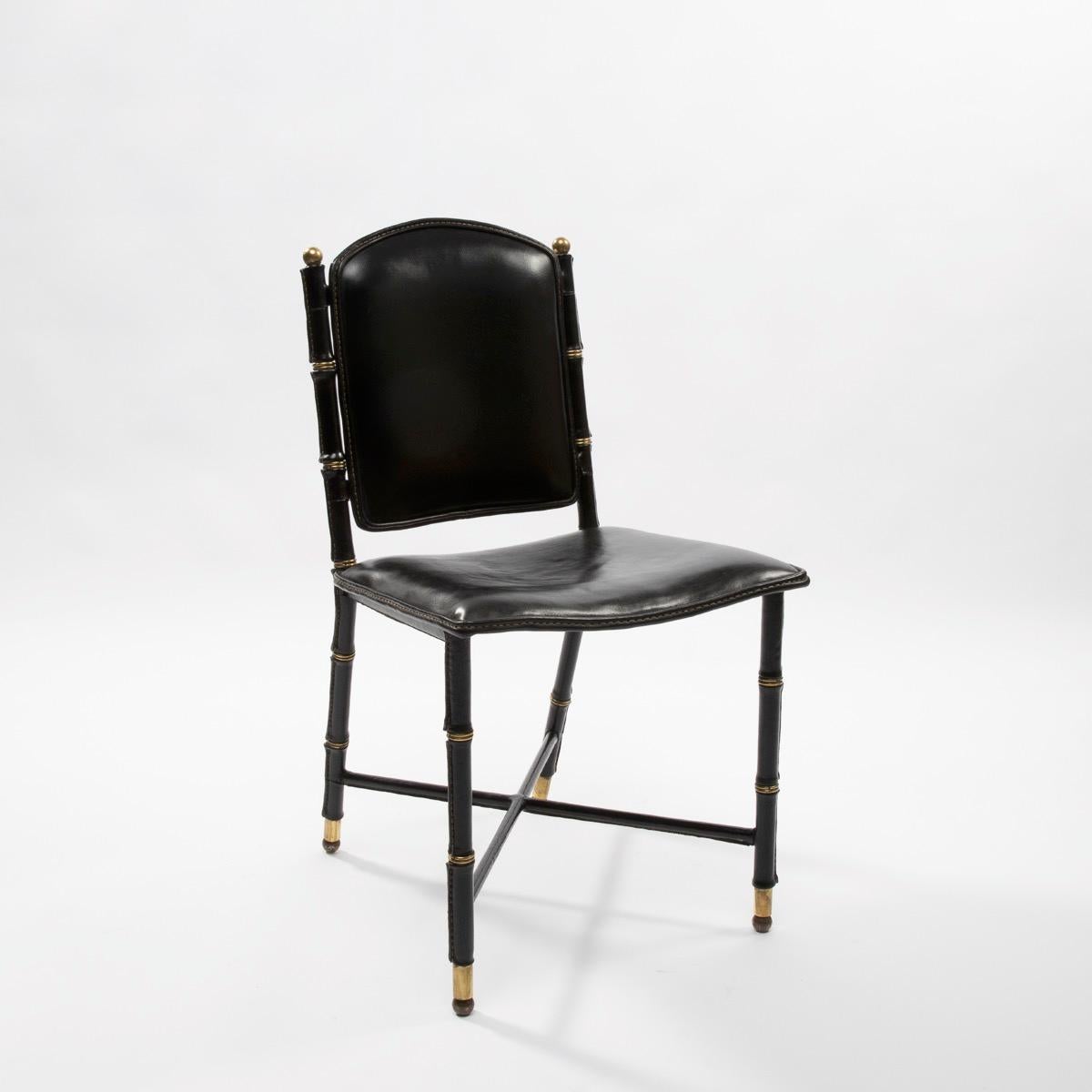 French Midcentury Set of 6 Chairs in Black Stitched Leather by Jacques Adnet In Good Condition In Brussels, BE