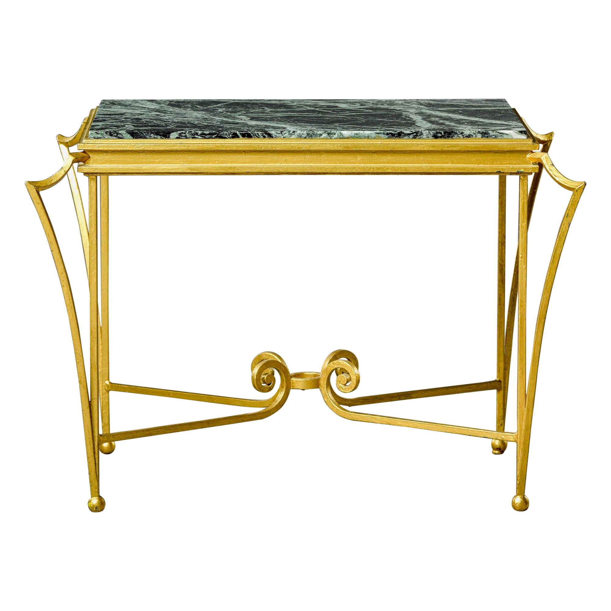 French Midcentury Side Table with Green Marble Top and Gilded Iron Frame