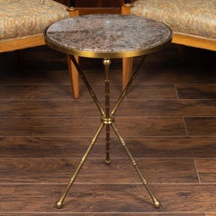 French Midcentury Side Table with Round Marble Top and Brass Bamboo-Style Base