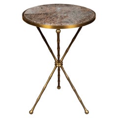 French Midcentury Side Table with Round Marble Top and Brass Bamboo-Style Base