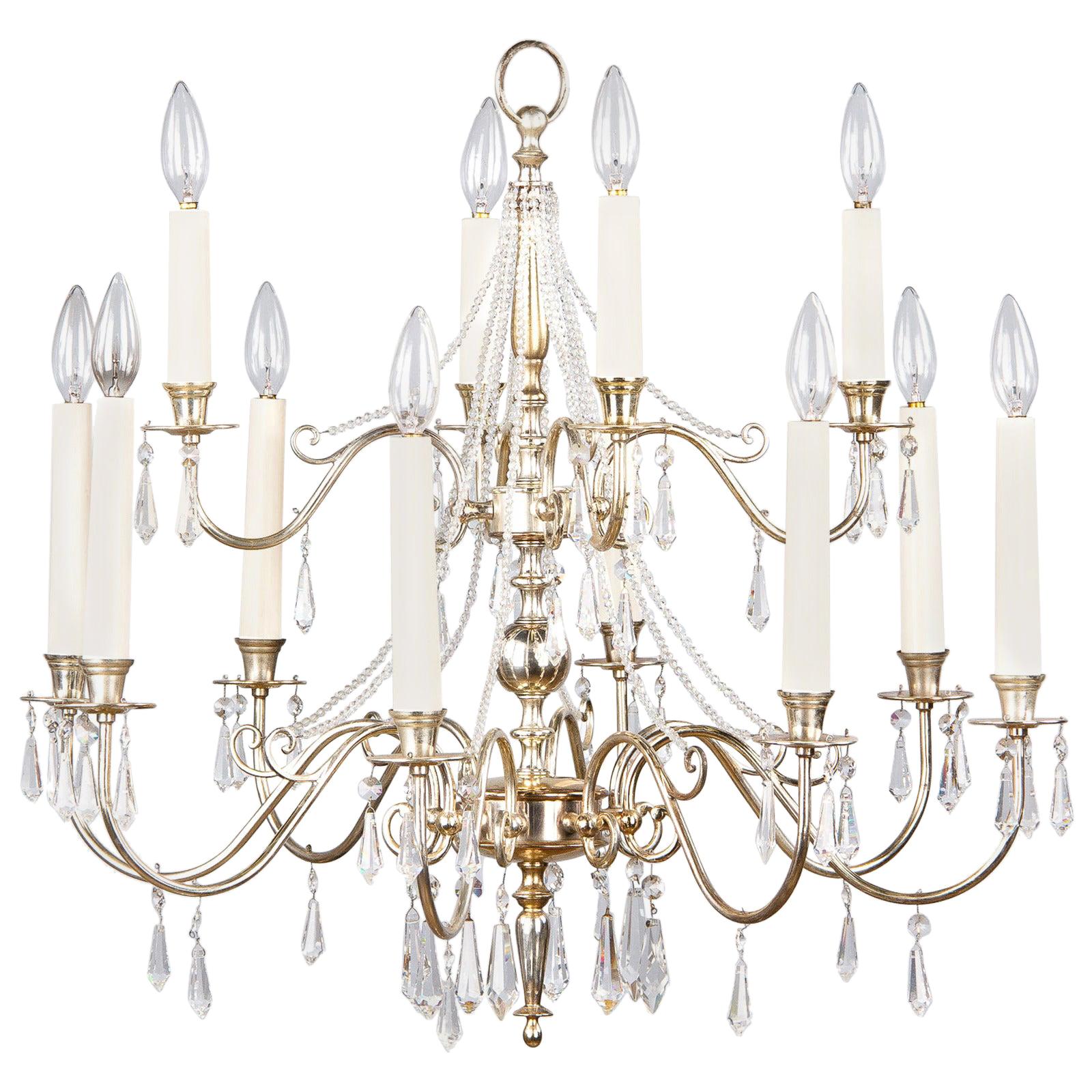 French Midcentury Silver Plated Chandelier with Crystals, 1950s