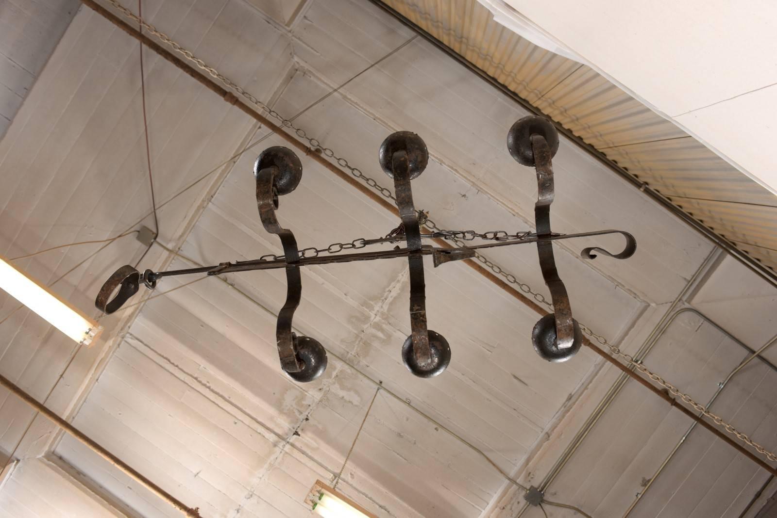 French Midcentury Six-Light Forged-Iron Spit-Jack Chandelier 4