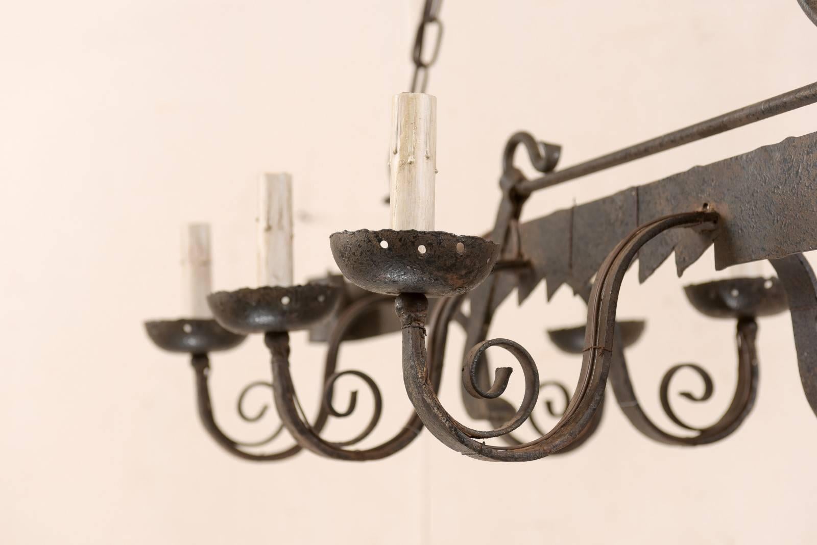 Metal French Midcentury Six-Light Forged-Iron Spit-Jack Chandelier