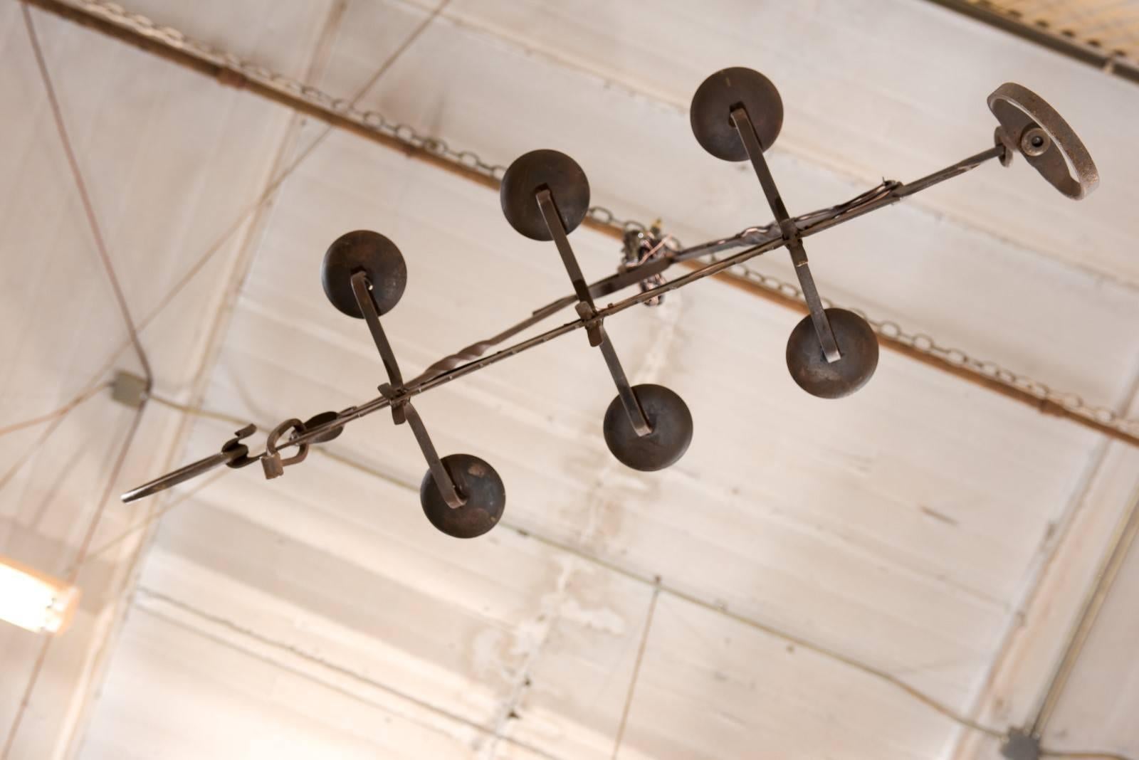 French Midcentury Six-Light Iron Chandelier Made from 19th Century Spit-Jack For Sale 5