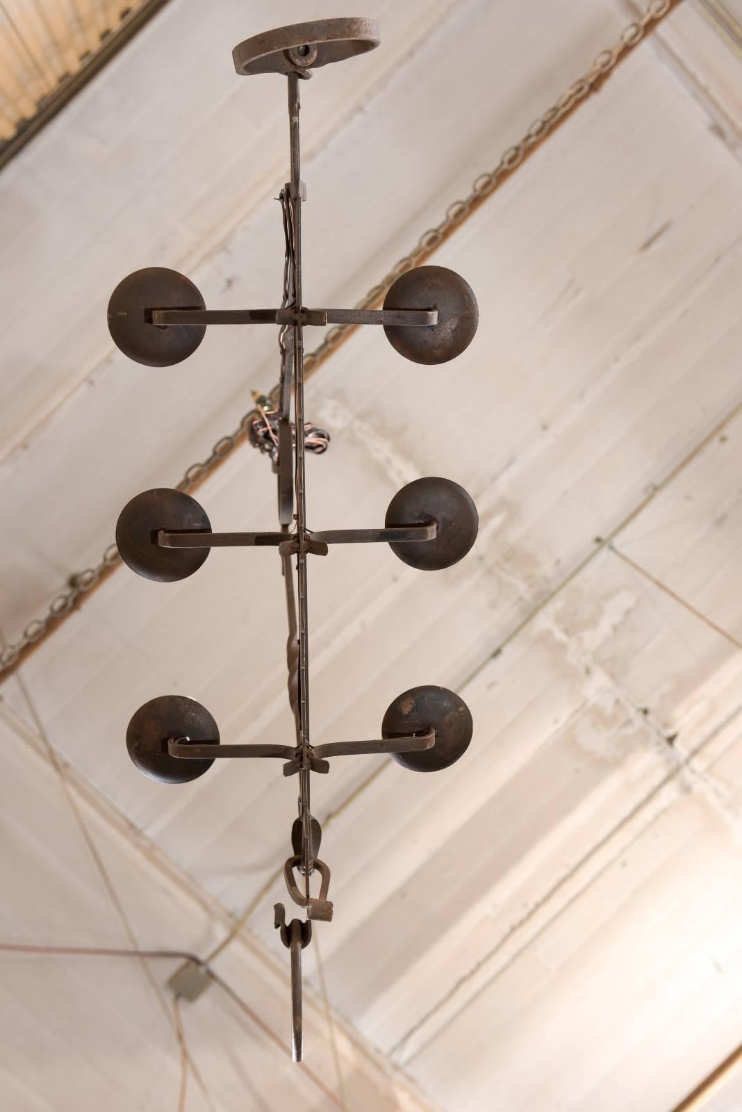 French Midcentury Six-Light Iron Chandelier Made from 19th Century Spit-Jack For Sale 6