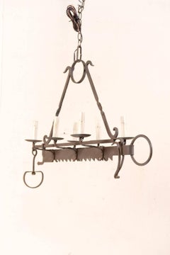 A French Six-Light Iron Chandelier upcycled from a 19th C. Spit-Jack