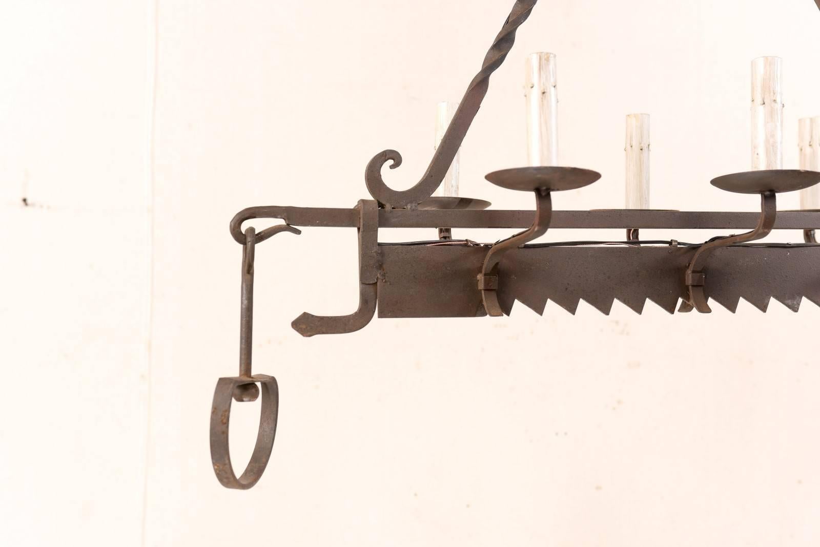 Metal French Midcentury Six-Light Iron Chandelier Made from 19th Century Spit-Jack For Sale